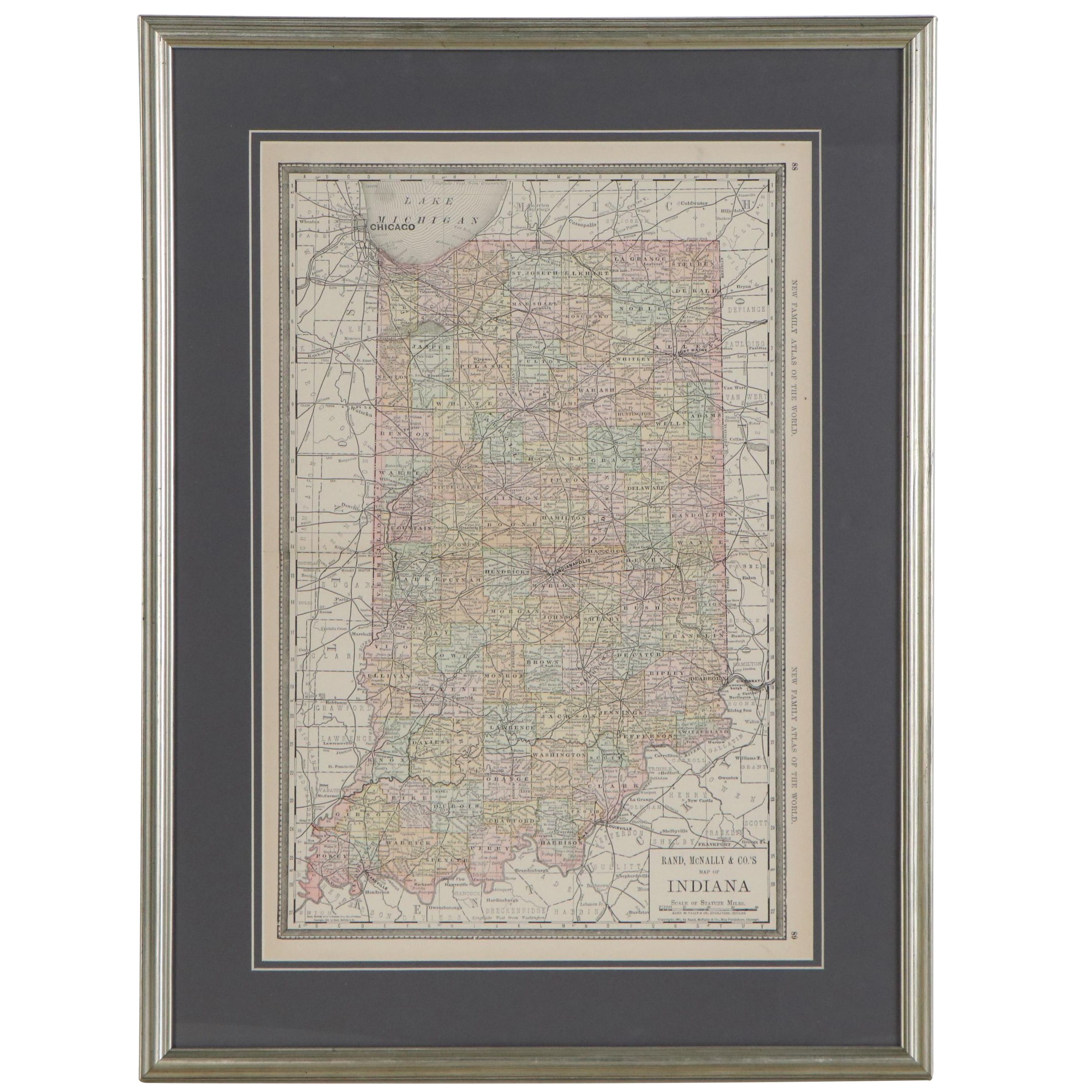 Rand McNally County Map of Indiana, 1887