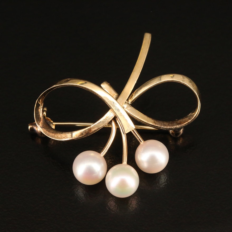 14K Pearl Spray and Ribbon Brooch