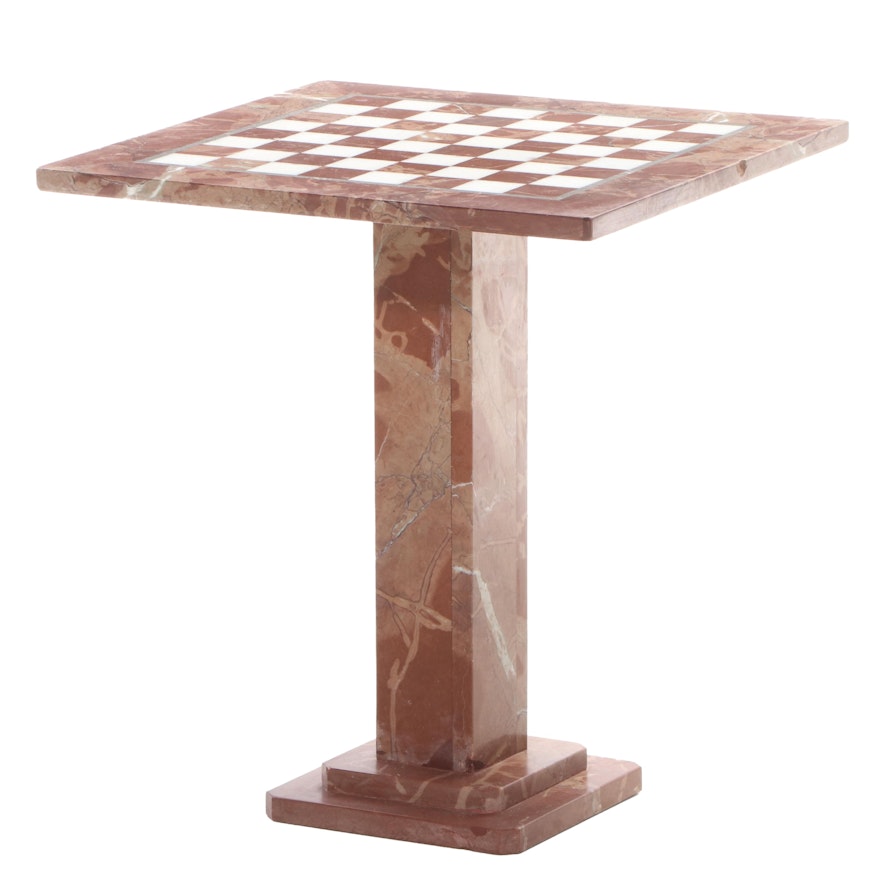 Italian Banded Travertine and Quartz Inlaid Chess Table