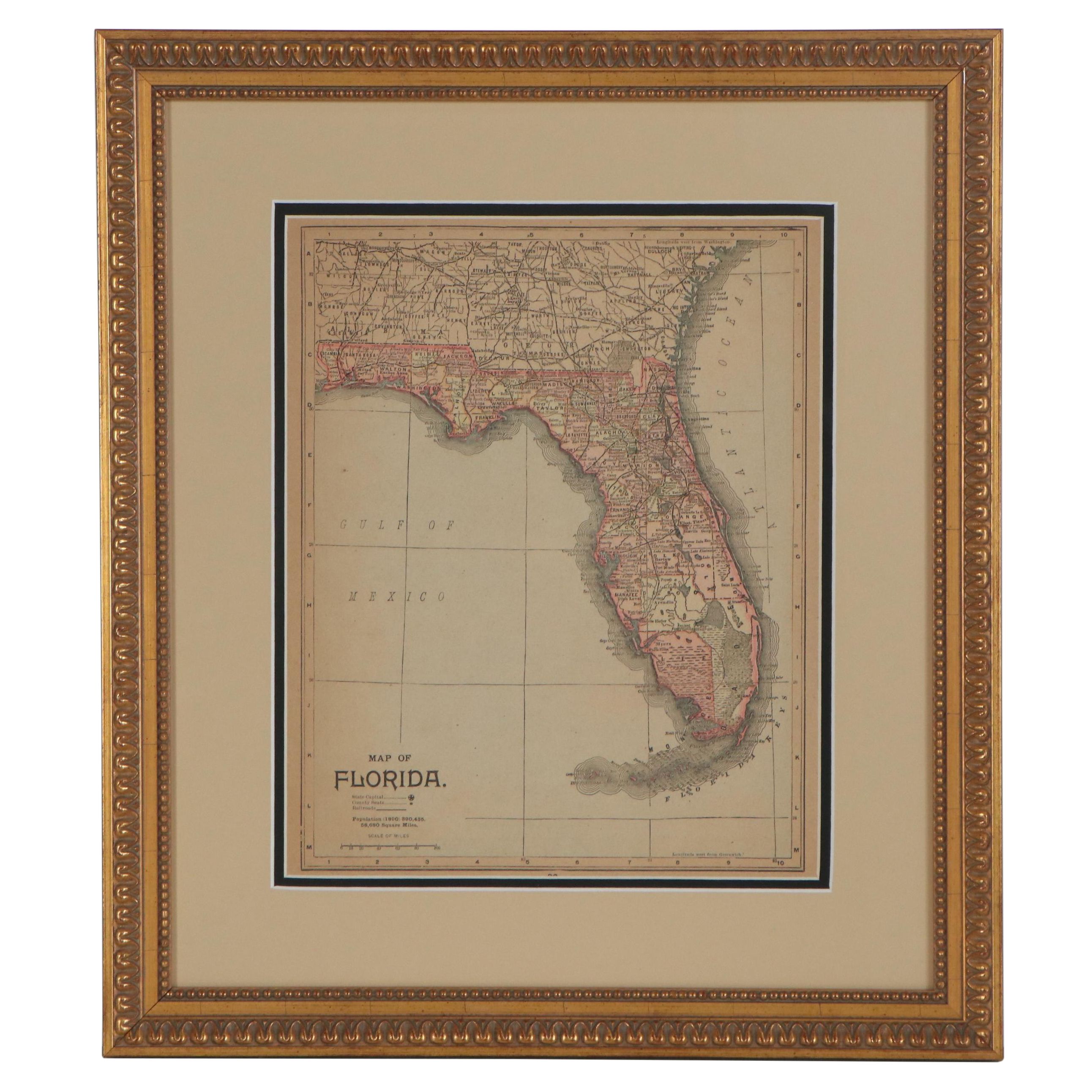 Wood Engraving Map of Florida, 1890