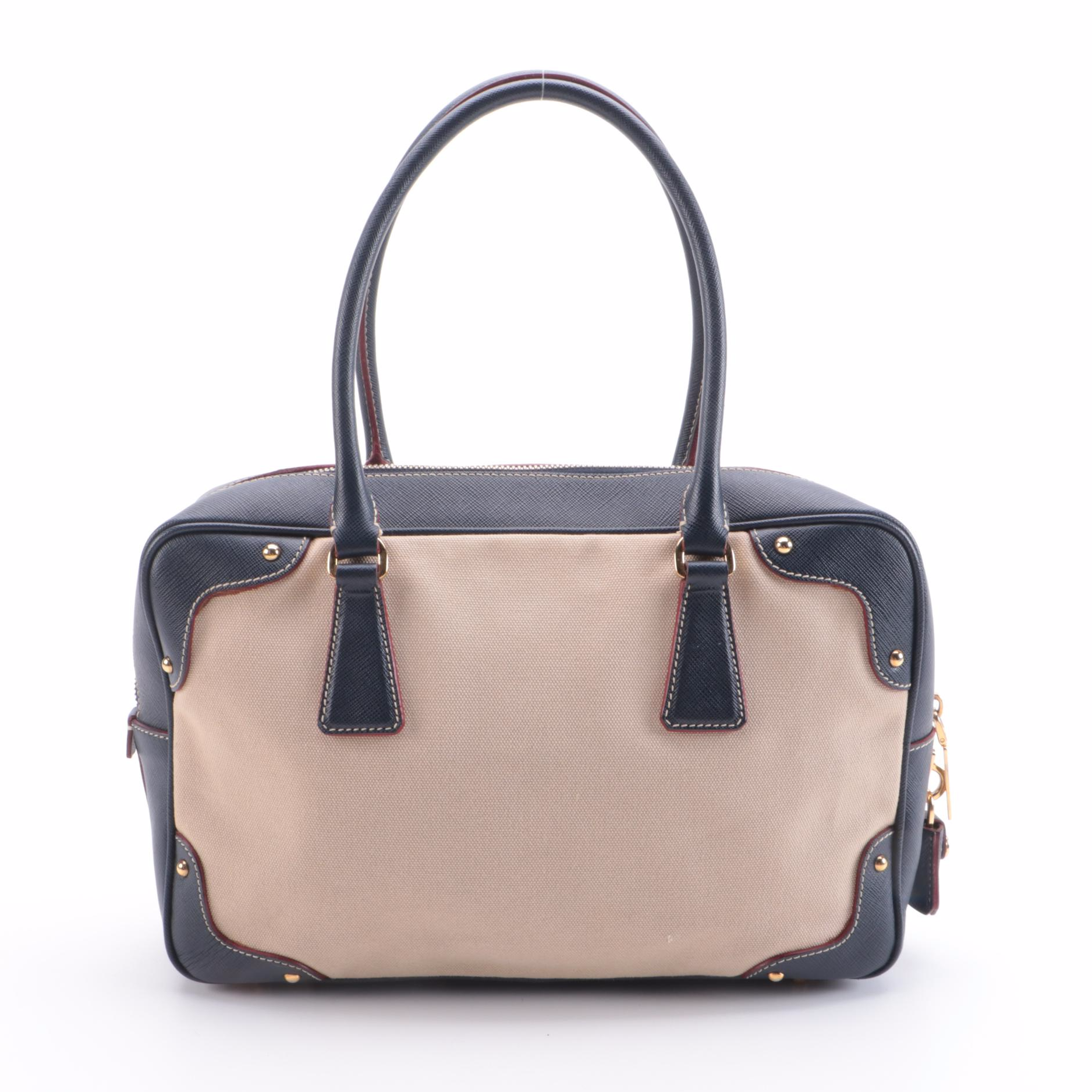 Prada Bauletto Beige Canvas and Navy Saffiano Leather Handbag