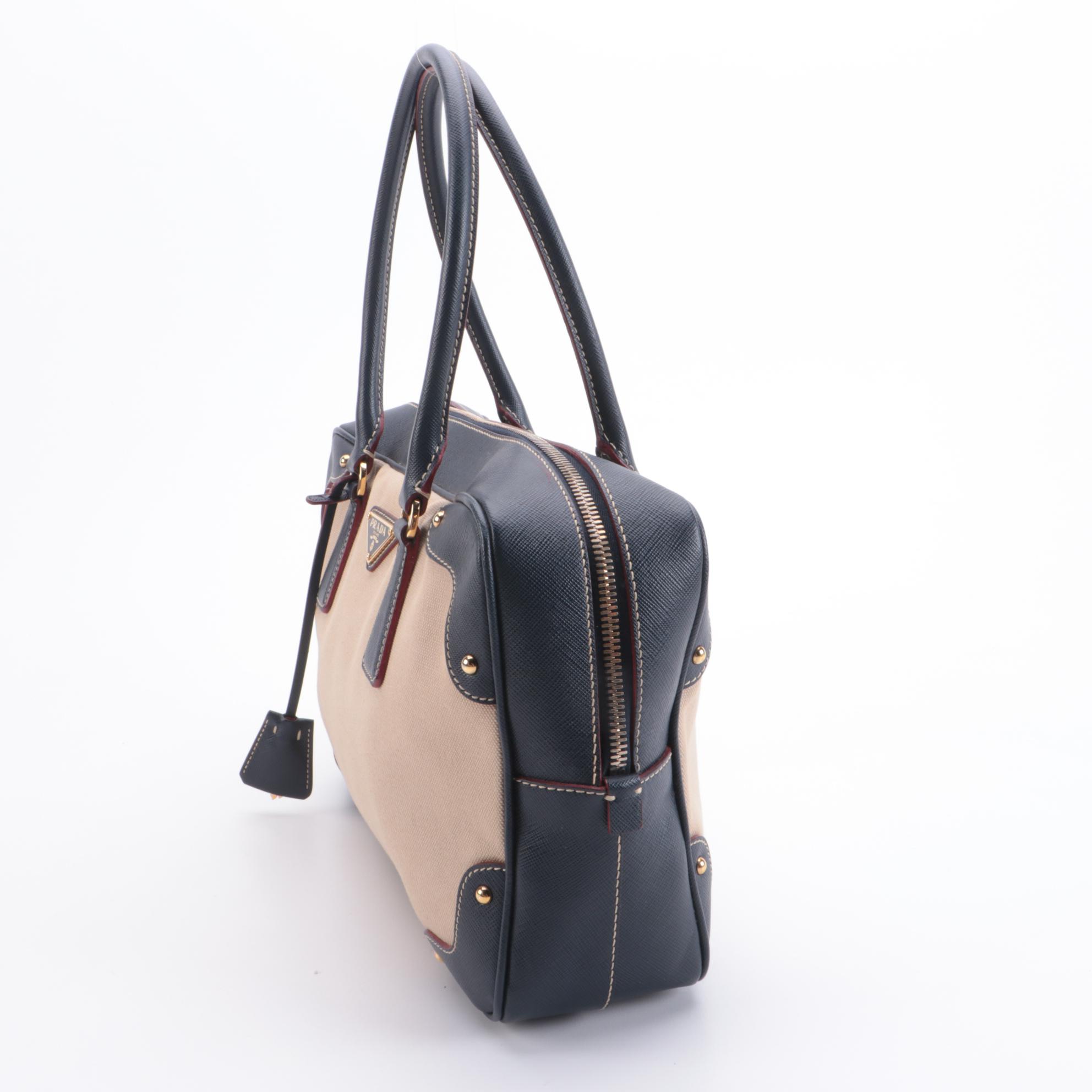 Prada Bauletto Beige Canvas and Navy Saffiano Leather Handbag