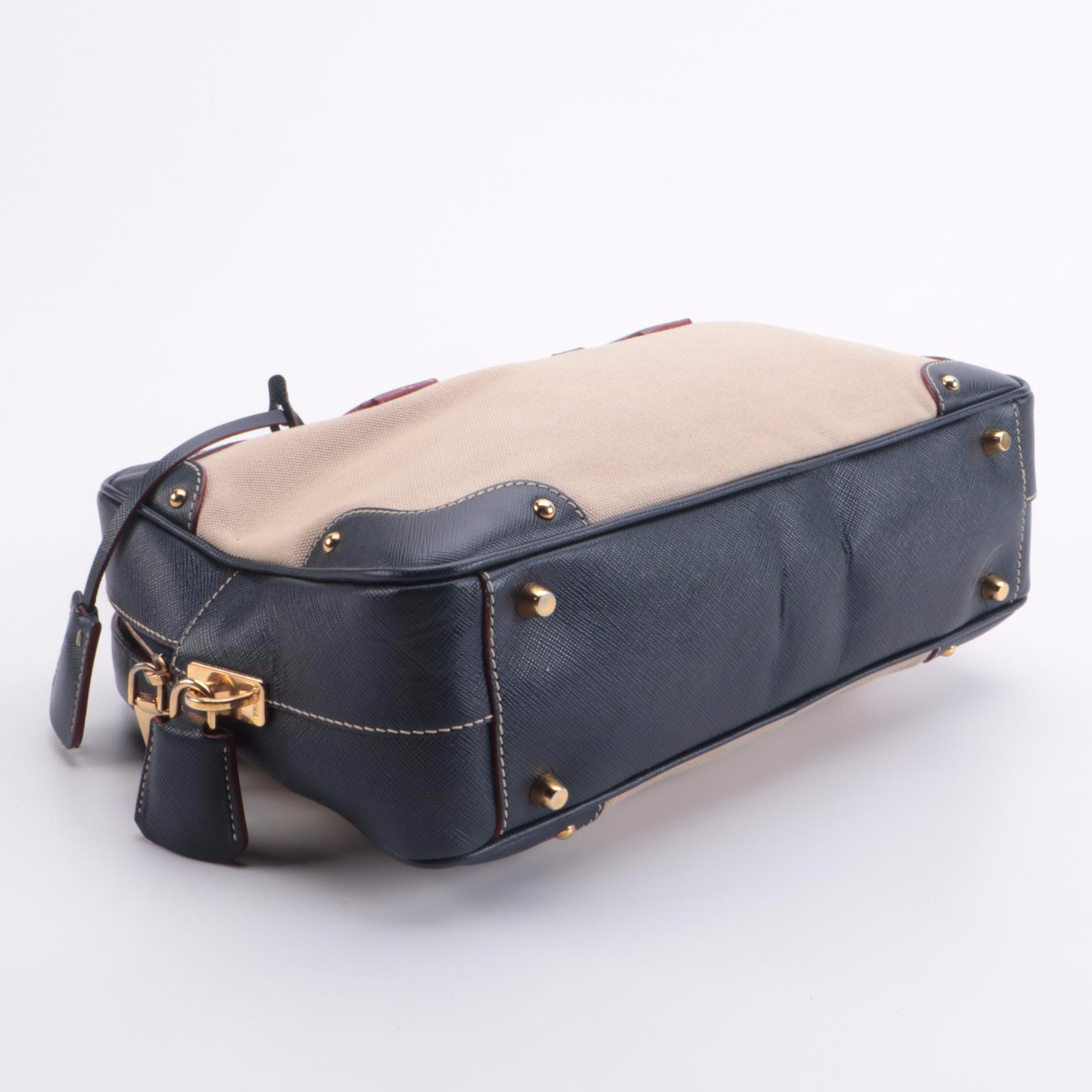 Prada Bauletto Beige Canvas and Navy Saffiano Leather Handbag