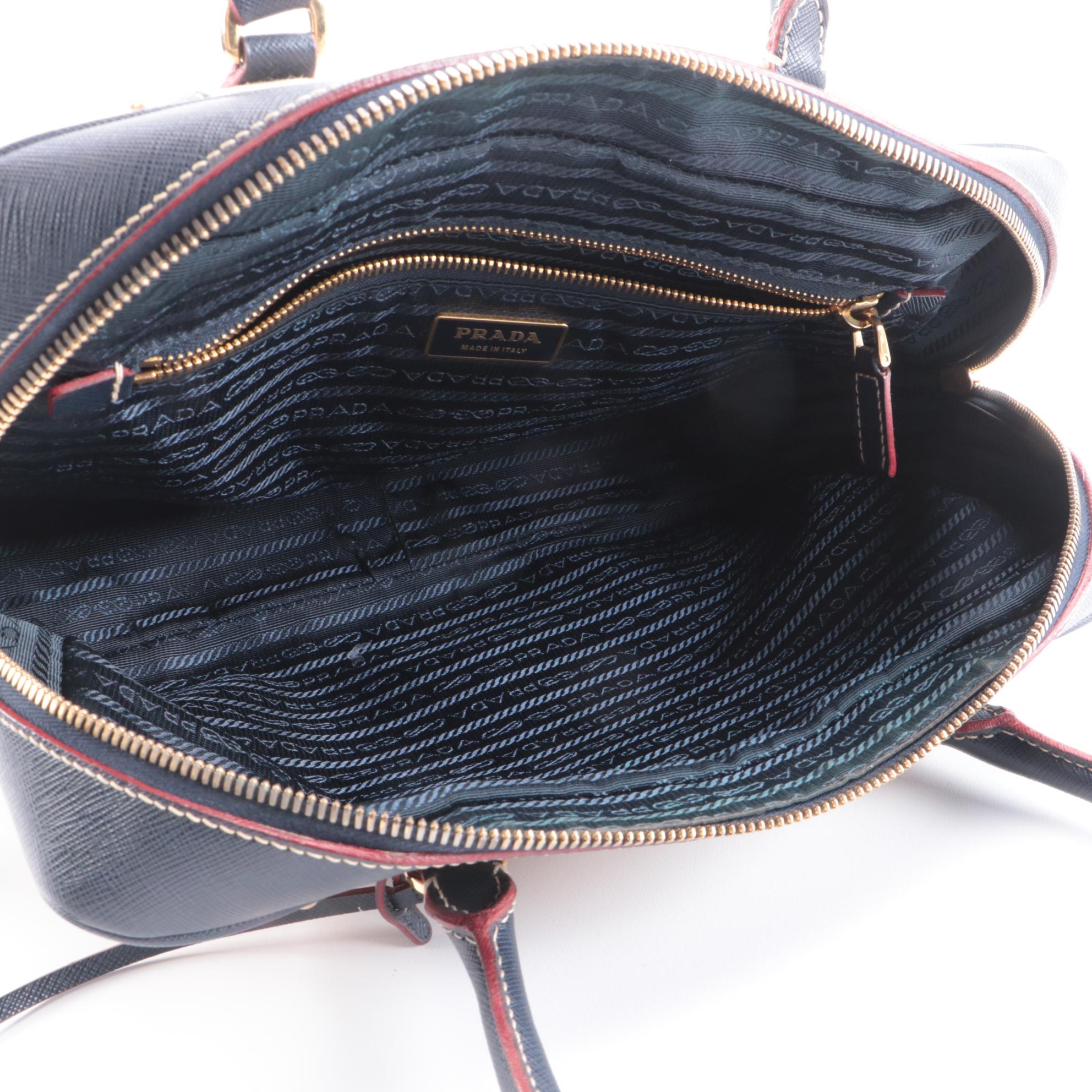 Prada Bauletto Beige Canvas and Navy Saffiano Leather Handbag