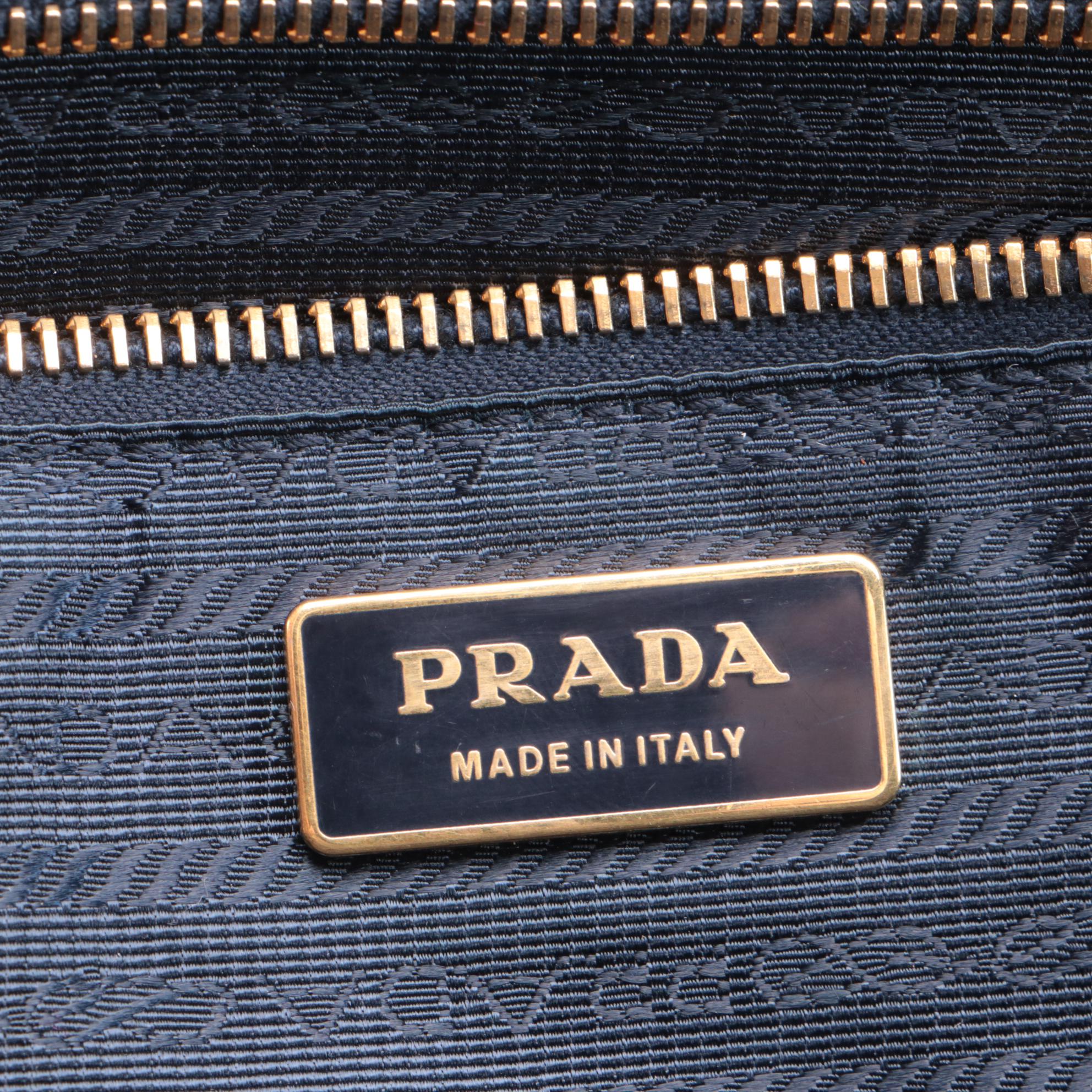 Prada Bauletto Beige Canvas and Navy Saffiano Leather Handbag