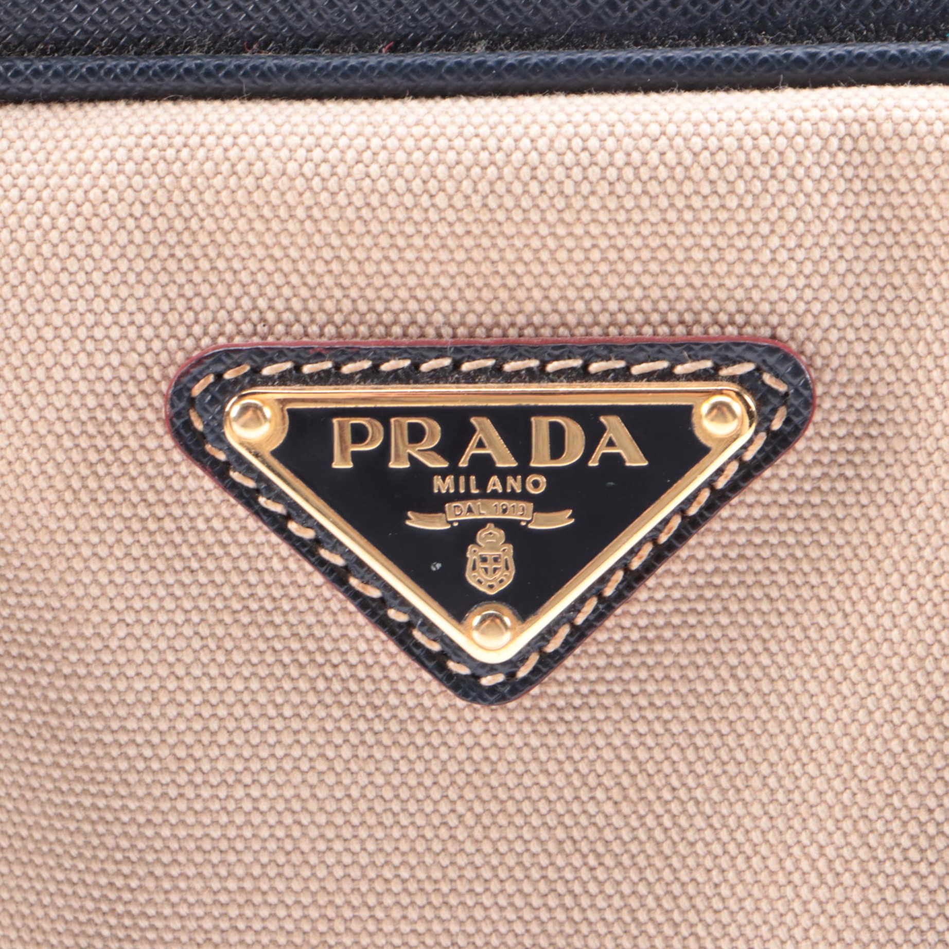 Prada Bauletto Beige Canvas and Navy Saffiano Leather Handbag