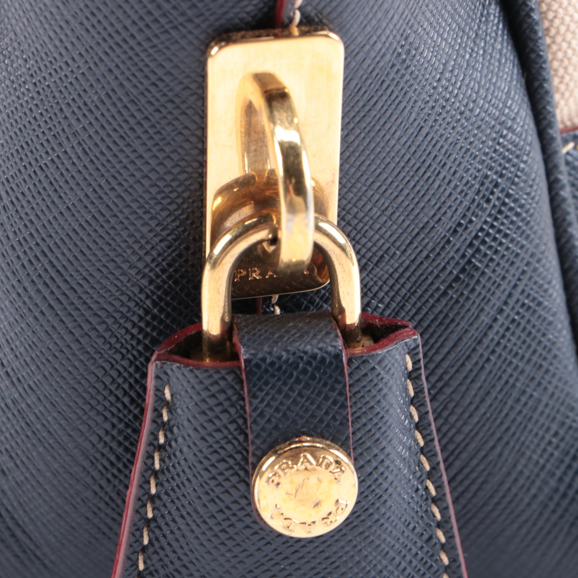 Prada Bauletto Beige Canvas and Navy Saffiano Leather Handbag