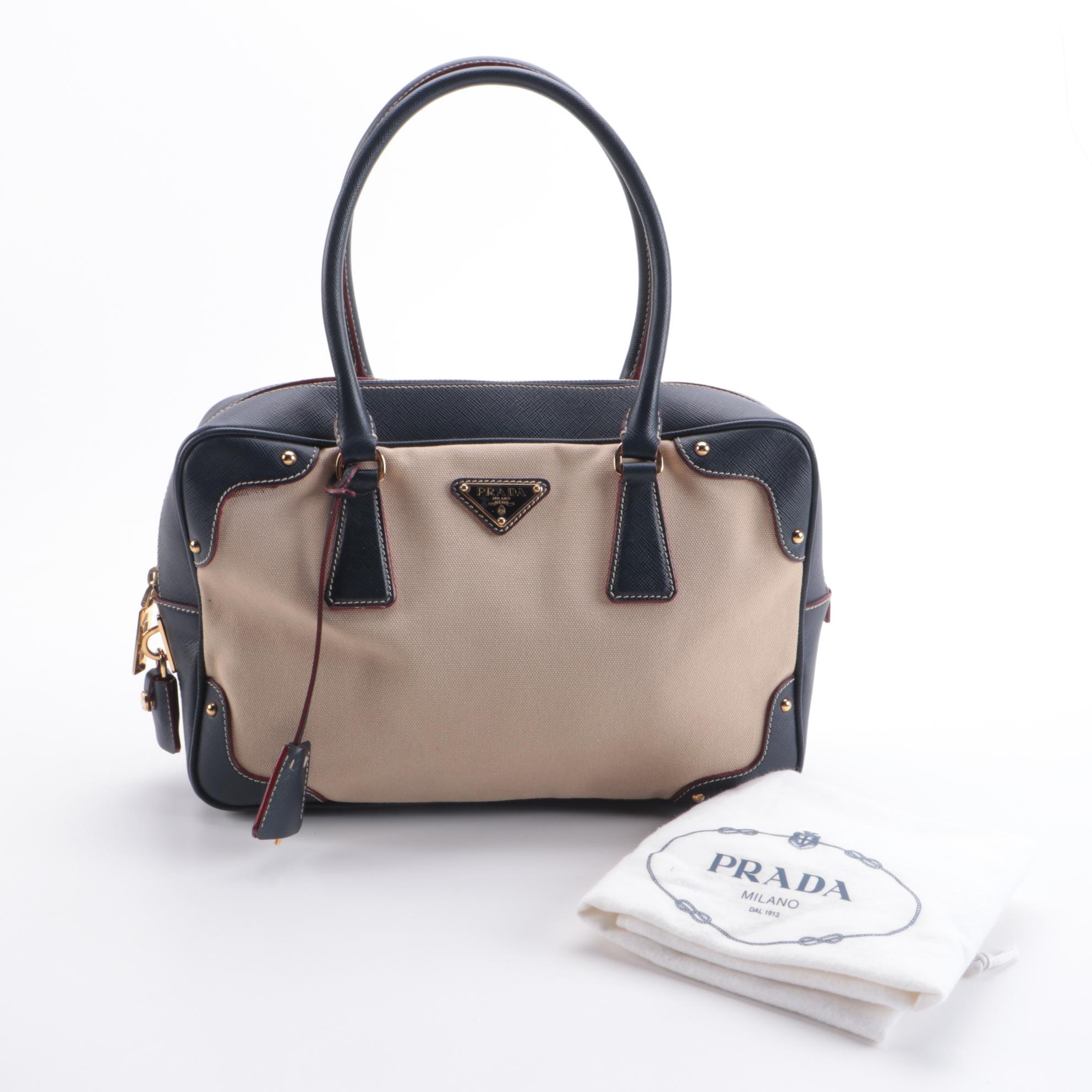 Prada Bauletto Beige Canvas and Navy Saffiano Leather Handbag