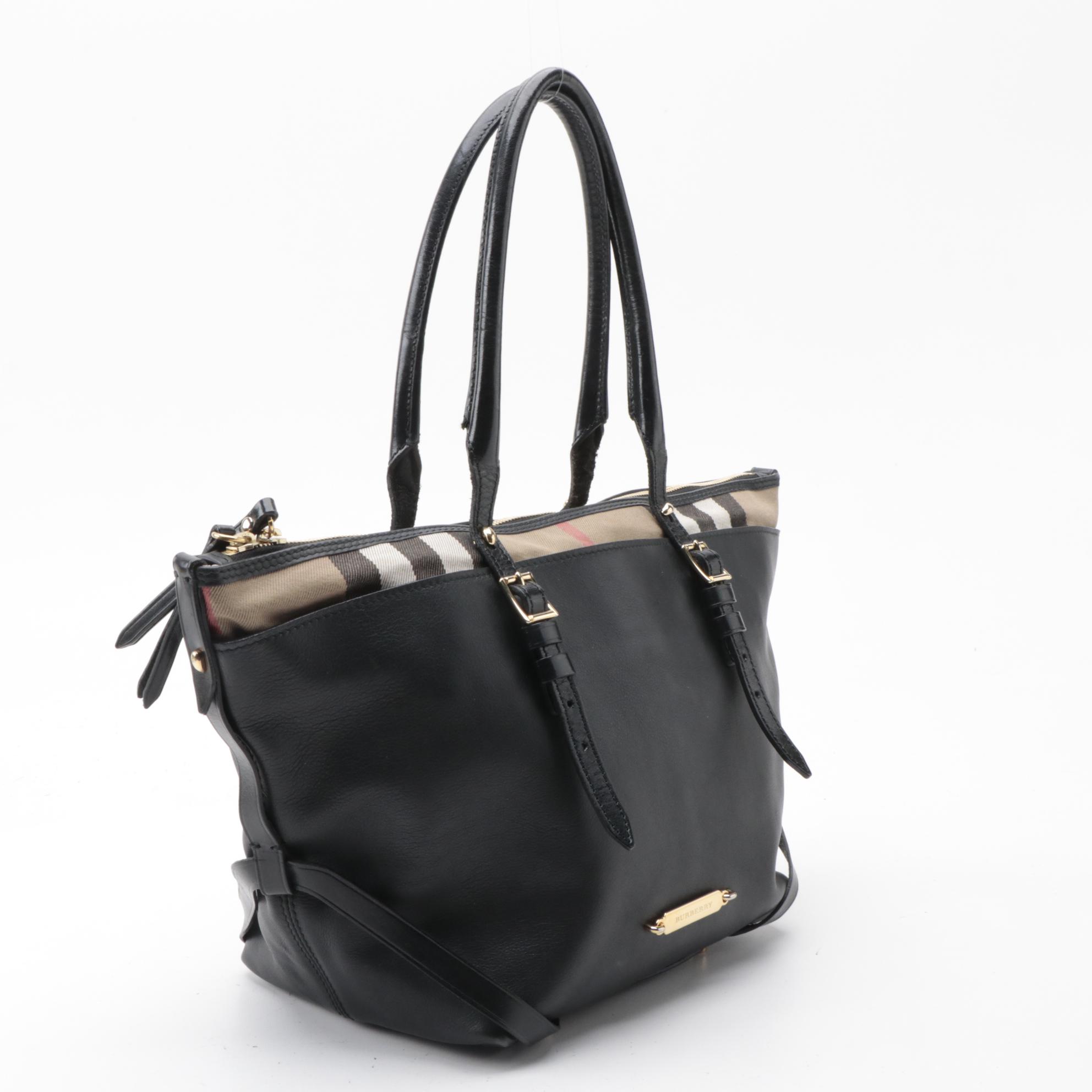Burberry Salisbury Bridle Black Leather and "House Check" Canvas Tote