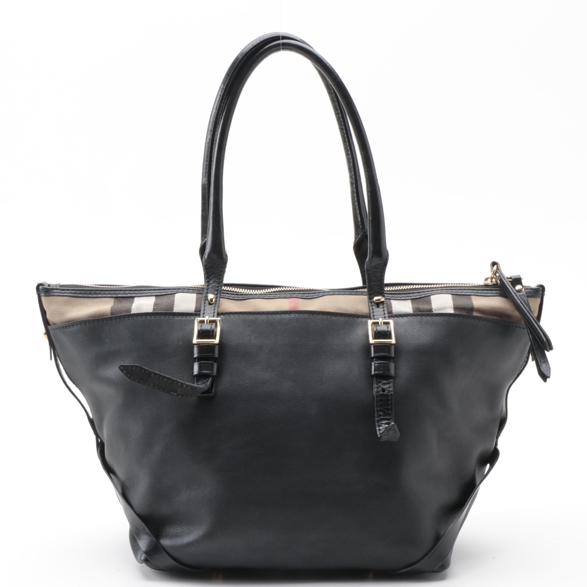 Burberry Salisbury Bridle Black Leather and "House Check" Canvas Tote