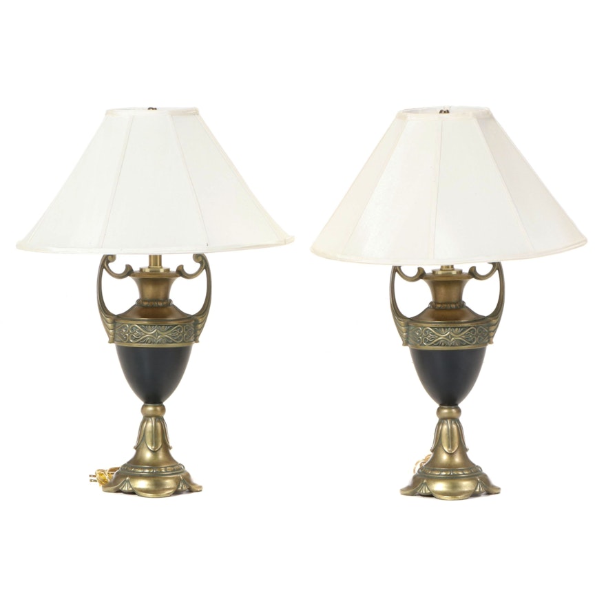 Pair of Neoclassical Style Cast Metal Urn-Form Table Lamps