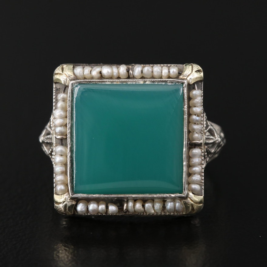 Vintage Chalcedony and Seed Pearl Openwork Ring
