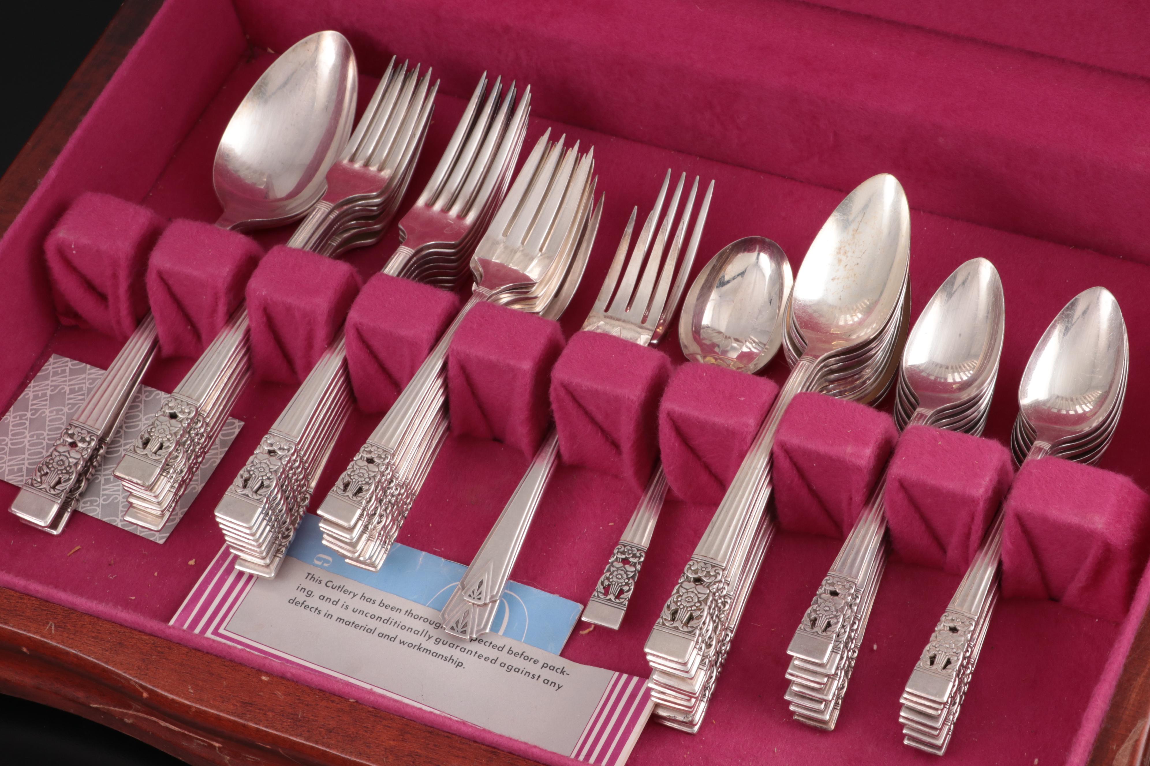 Oneida "Coronation" Silver Plate Flatware and Serving Utensils in Chest