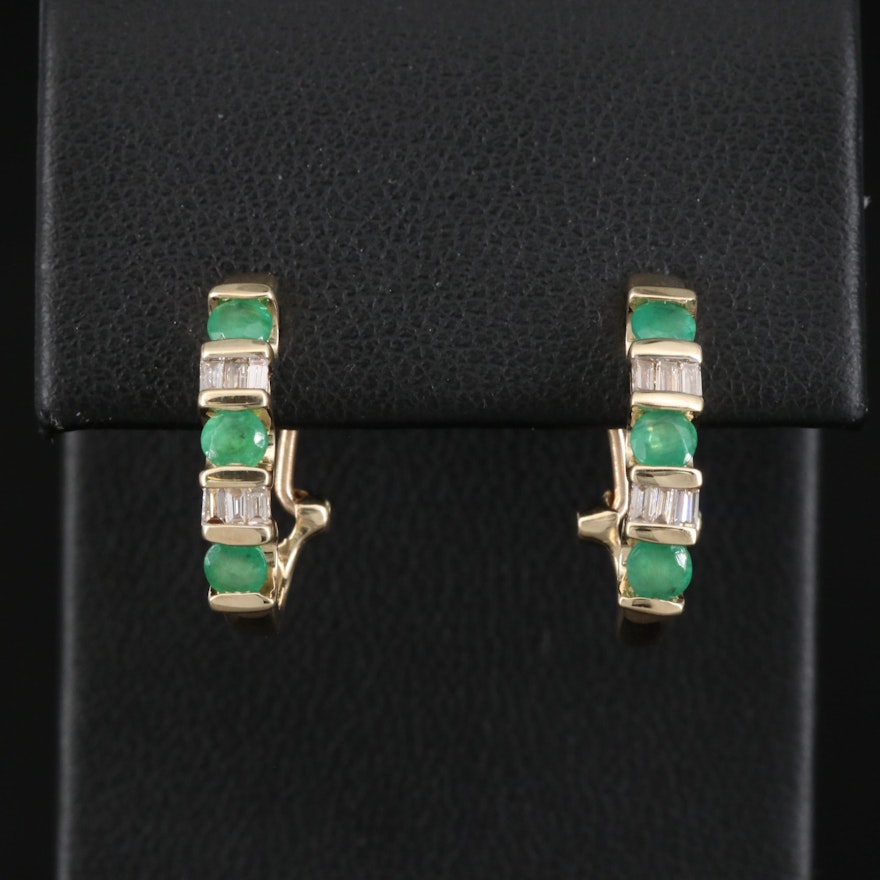 10K Emerald and Diamond J Hoop Earrings