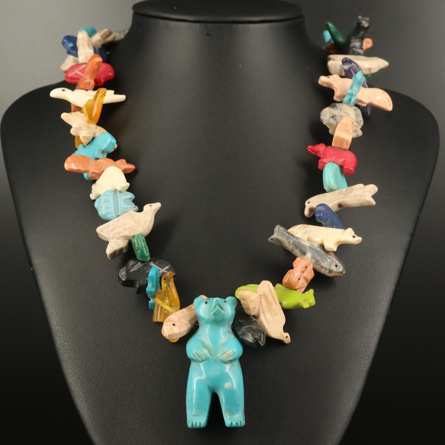 Southwestern Bone, Faux Turquoise and Gemstone Fetish Necklace