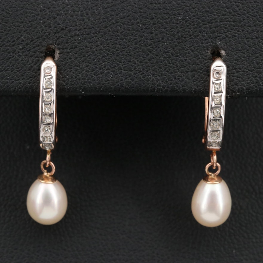 14K Pearl and Diamond Dangle Earrings