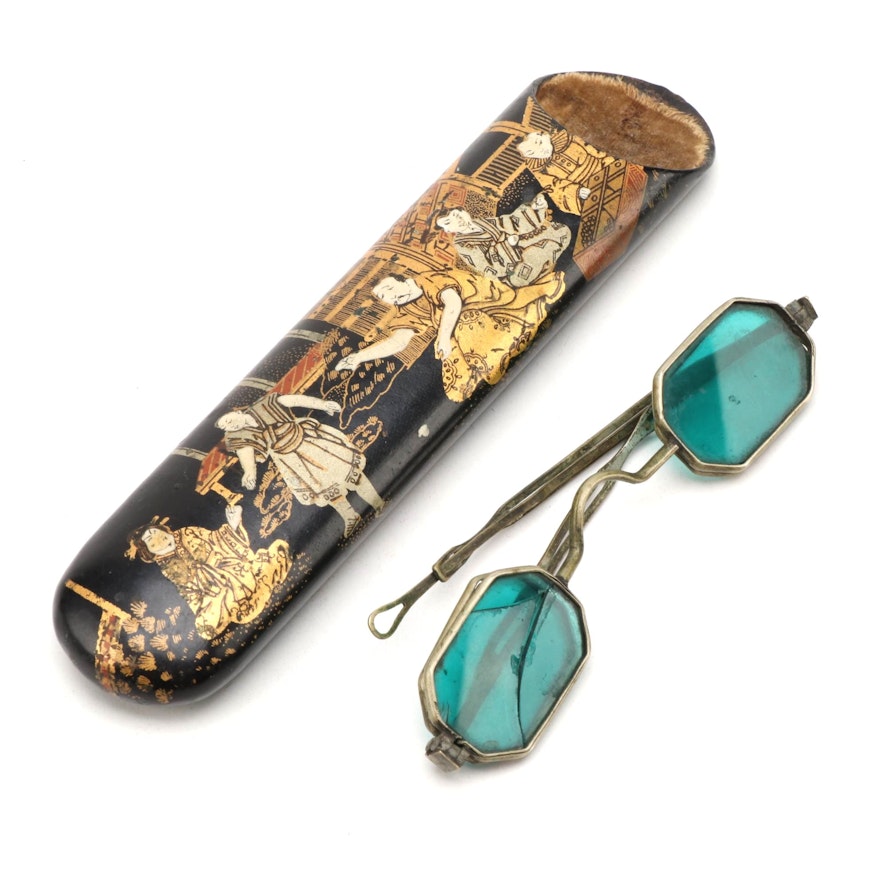 Japanese Lacquerware Eyeglass Case and Green Lens Eyeglasses