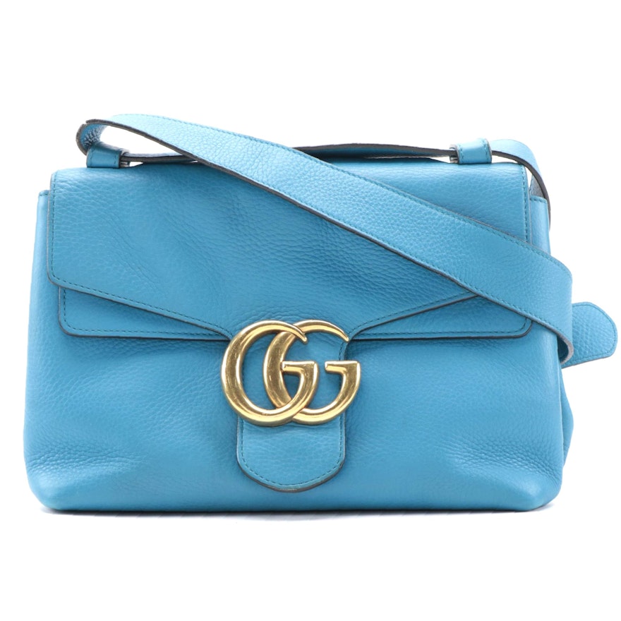 Gucci GG Marmont Shoulder Bag in Blue Grained Calfskin Leather