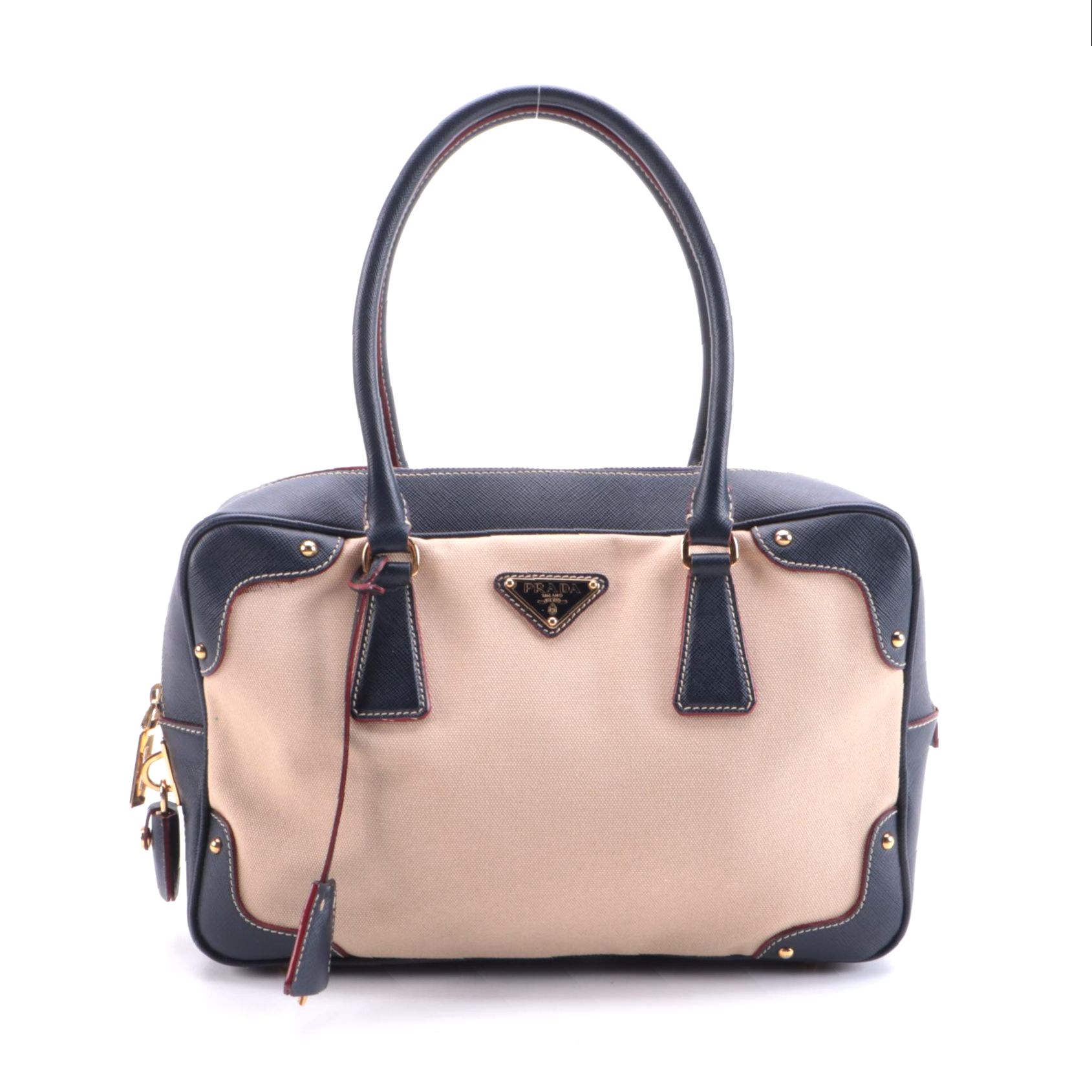 Prada Bauletto Beige Canvas and Navy Saffiano Leather Handbag