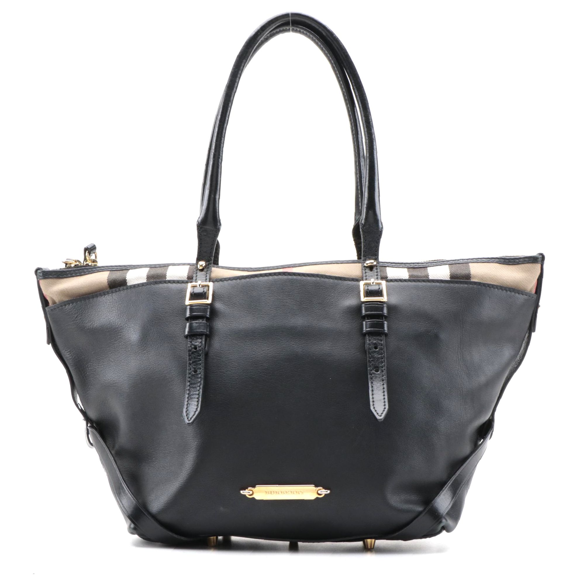Burberry Salisbury Bridle Black Leather and "House Check" Canvas Tote