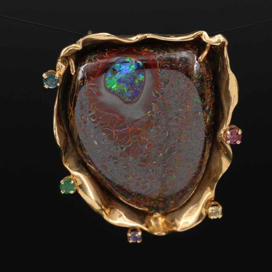 18K Multi-Gemstone and Free Form Boulder Opal Pendant
