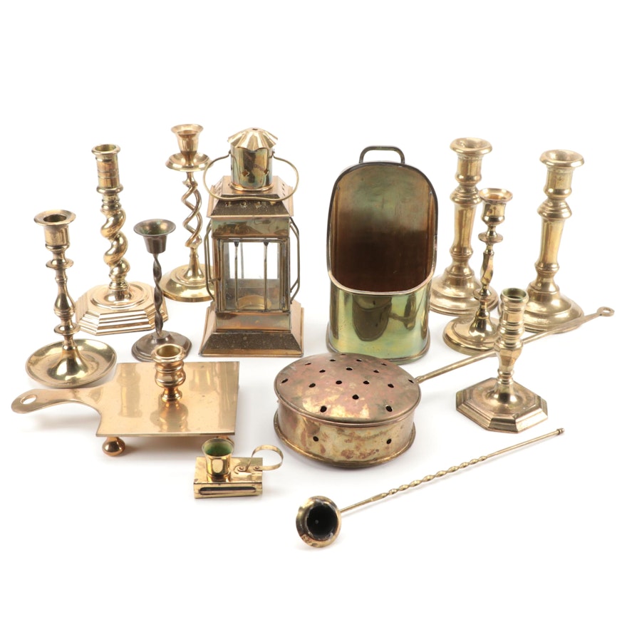 Lacquered Brass Candlesticks, Lamp, Doubter and More