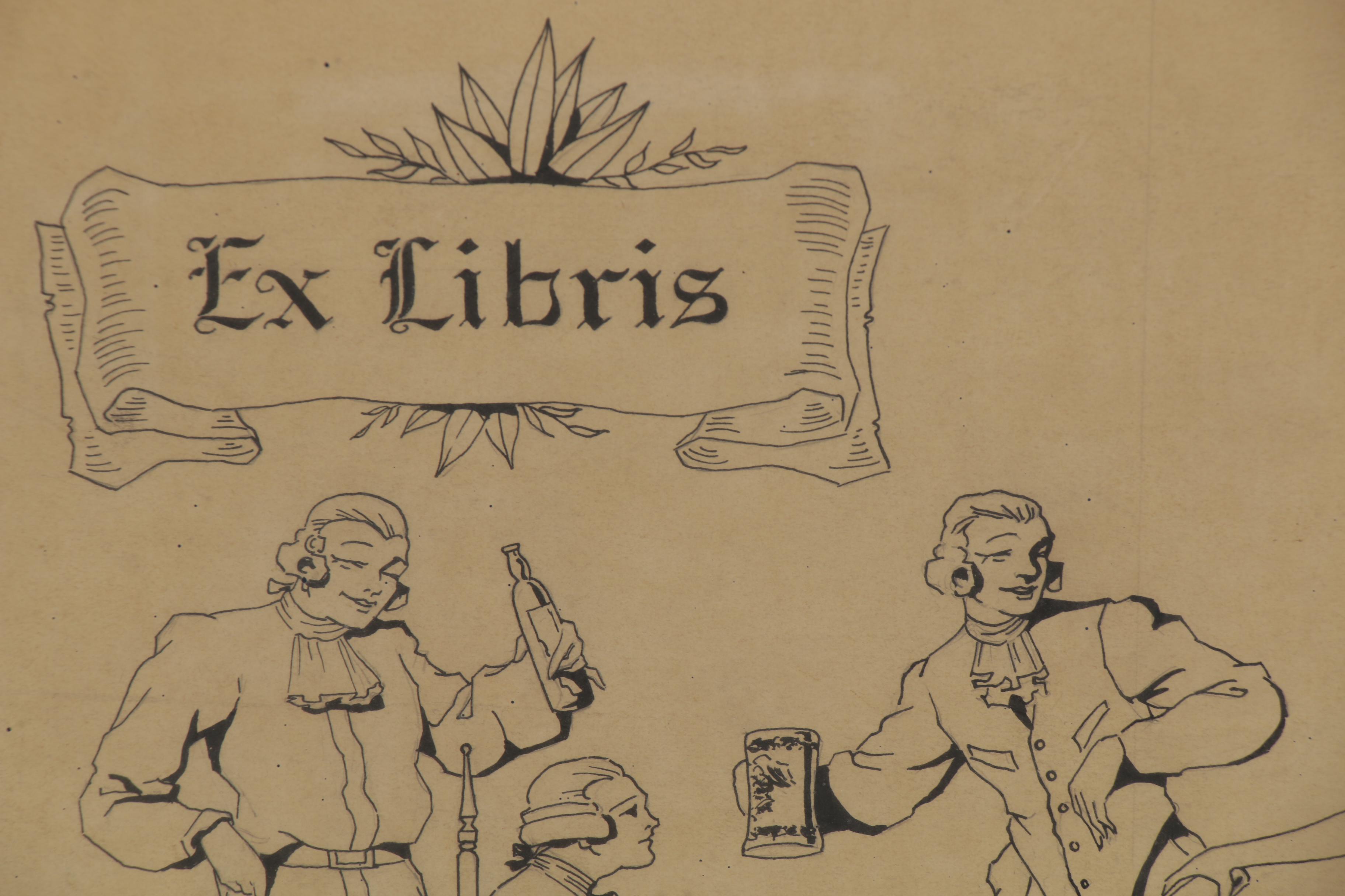 Ink Illustration of a Victorian Pub Scene "Ex Libris," 1930