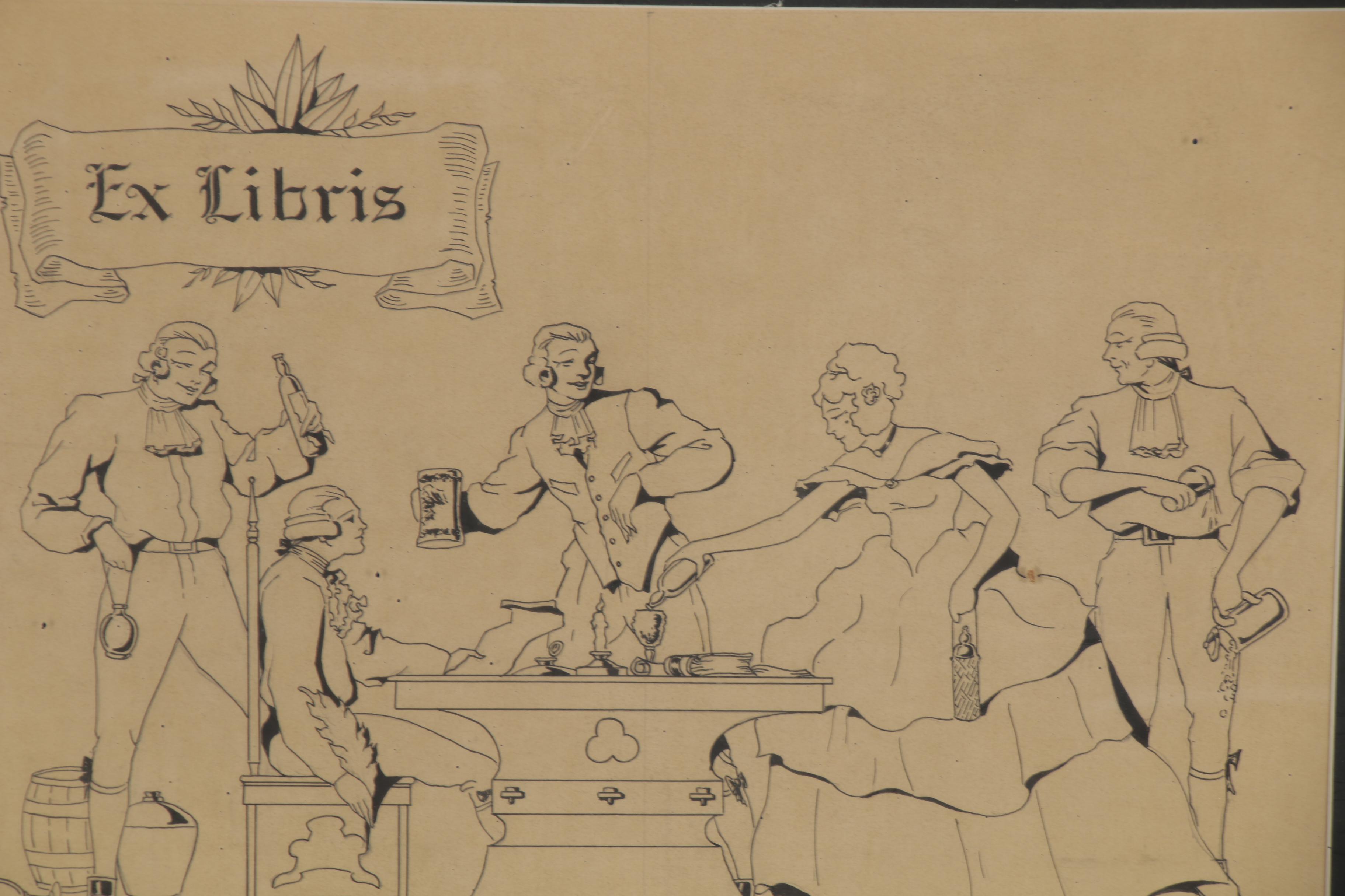 Ink Illustration of a Victorian Pub Scene "Ex Libris," 1930