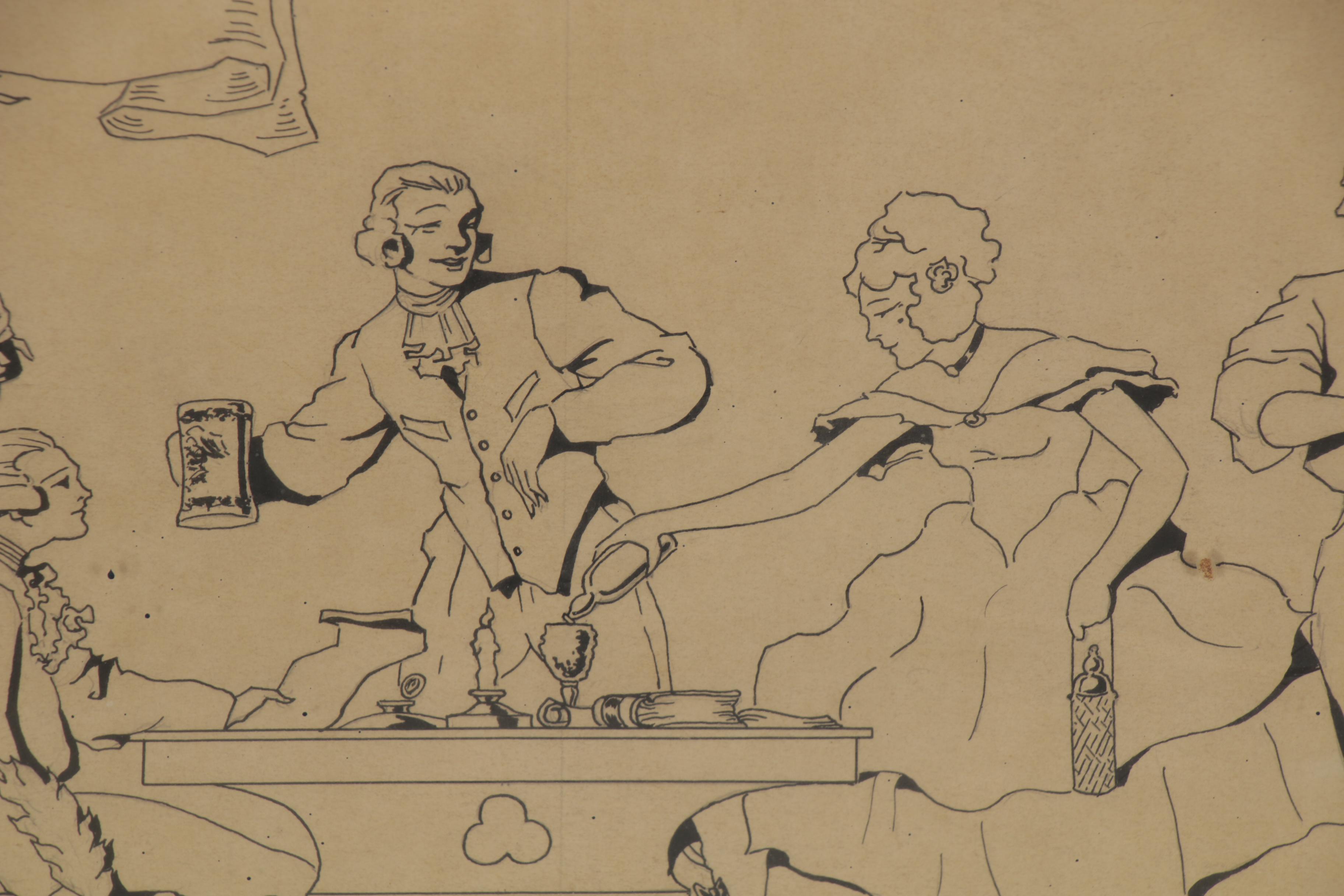 Ink Illustration of a Victorian Pub Scene "Ex Libris," 1930