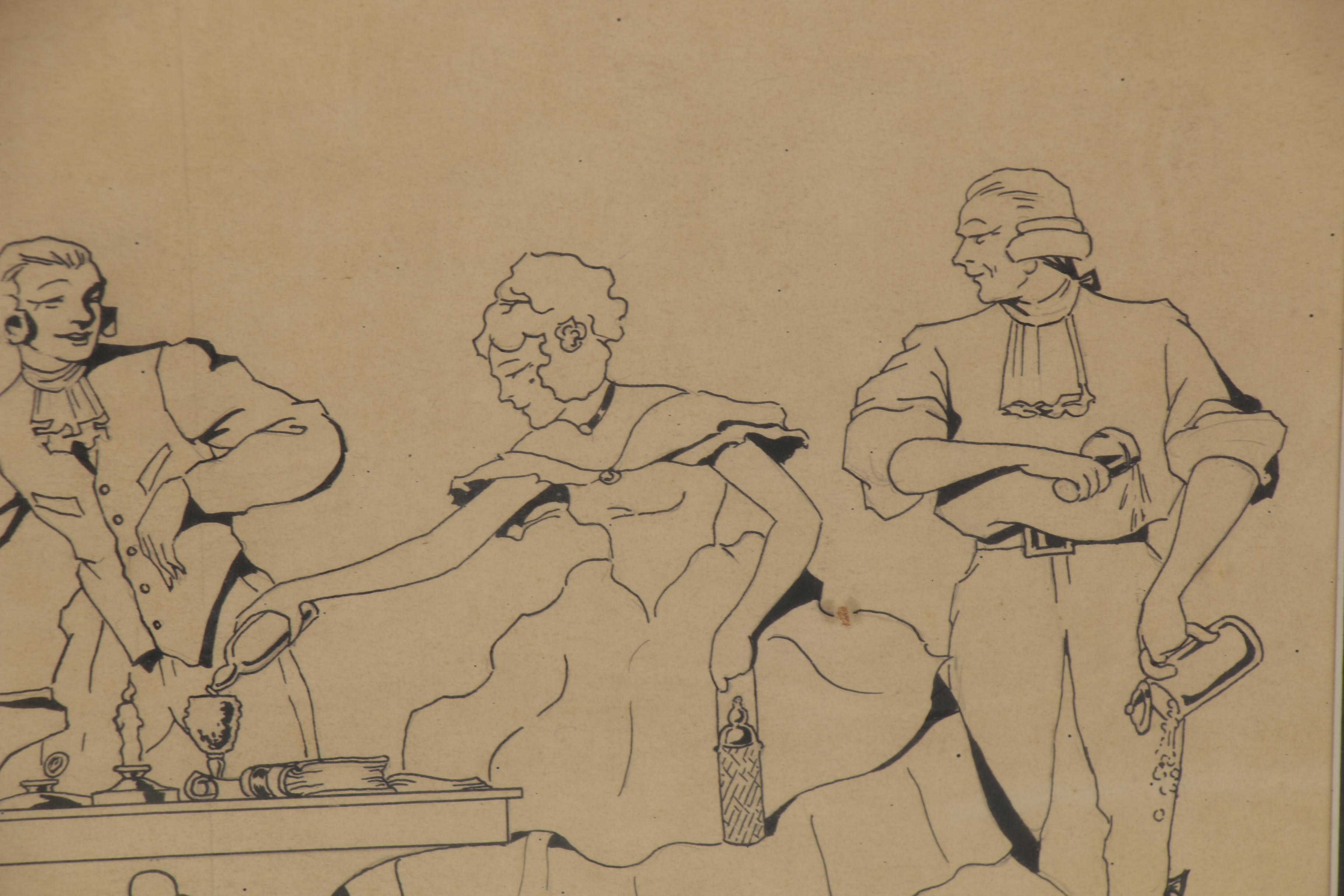 Ink Illustration of a Victorian Pub Scene "Ex Libris," 1930