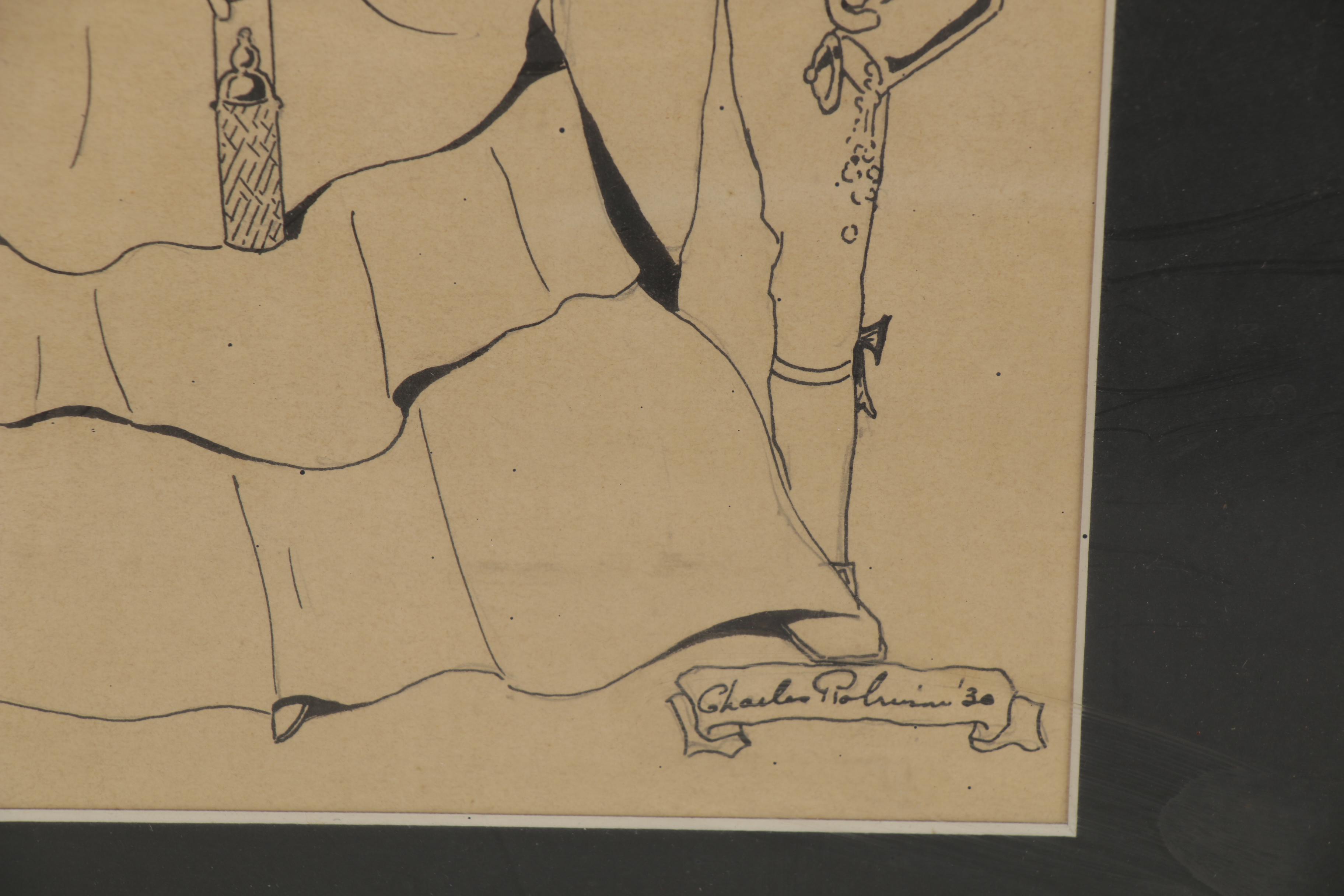 Ink Illustration of a Victorian Pub Scene "Ex Libris," 1930