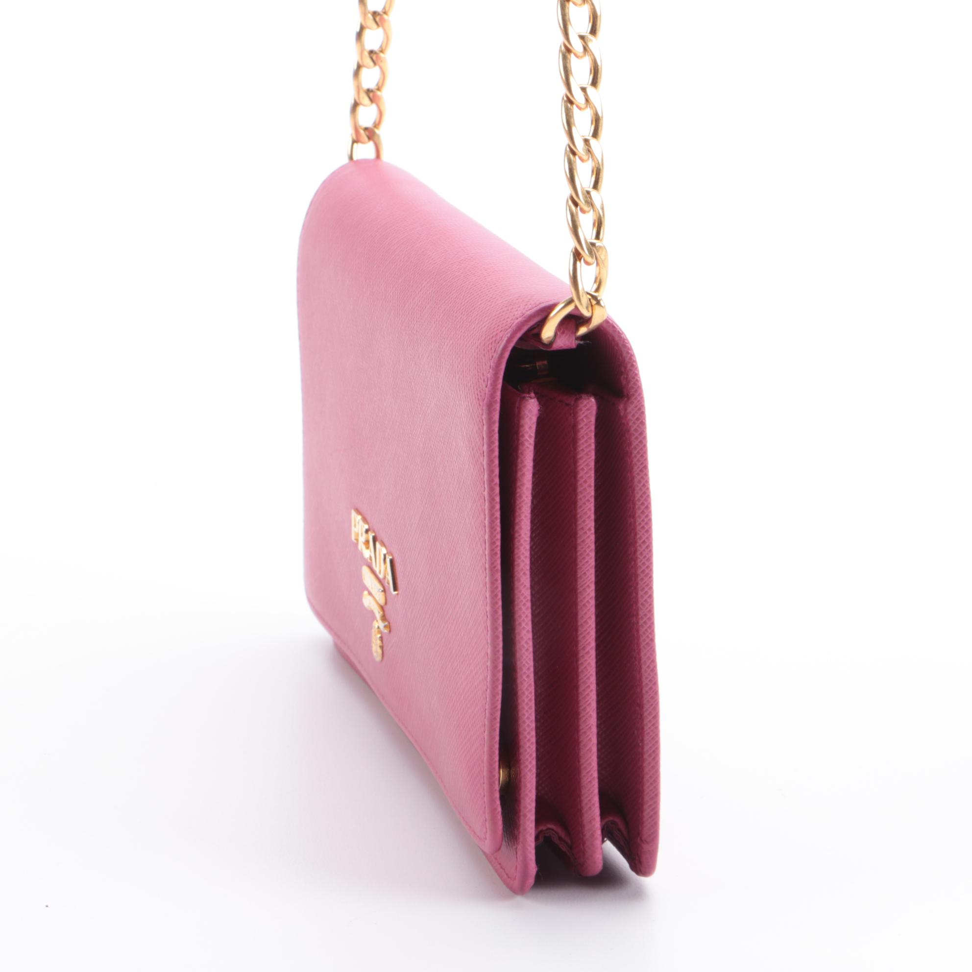 Prada Chain Wallet Crossbody in Pink Saffiano Leather