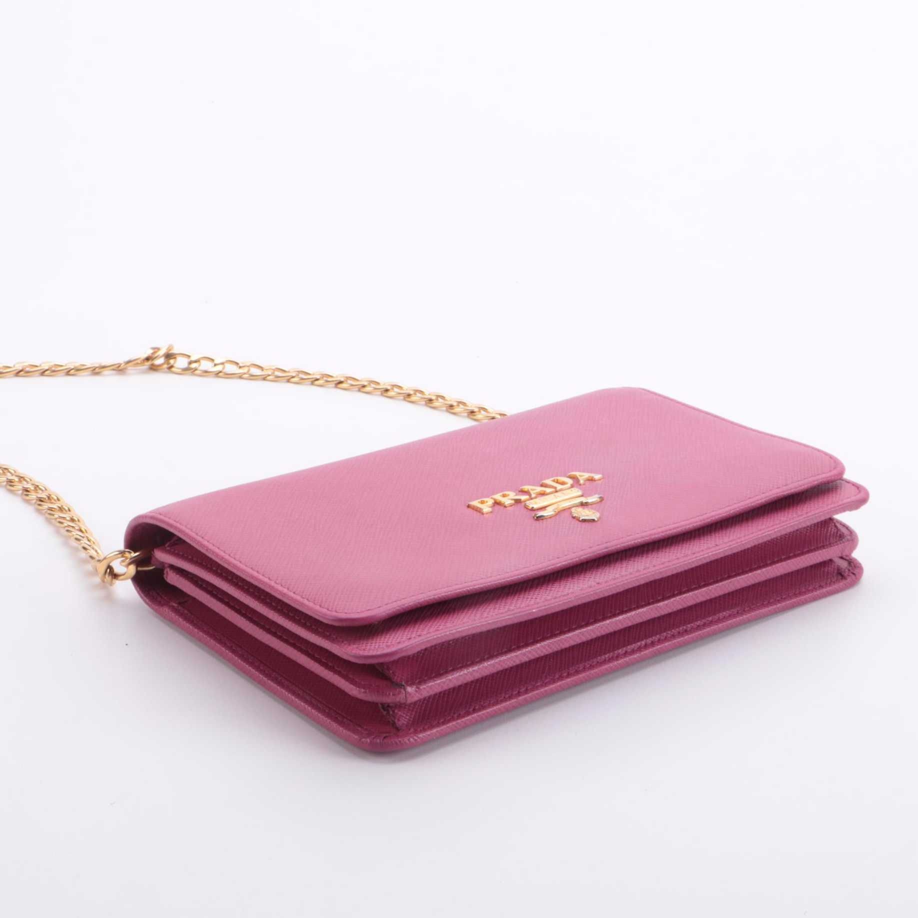 Prada Chain Wallet Crossbody in Pink Saffiano Leather