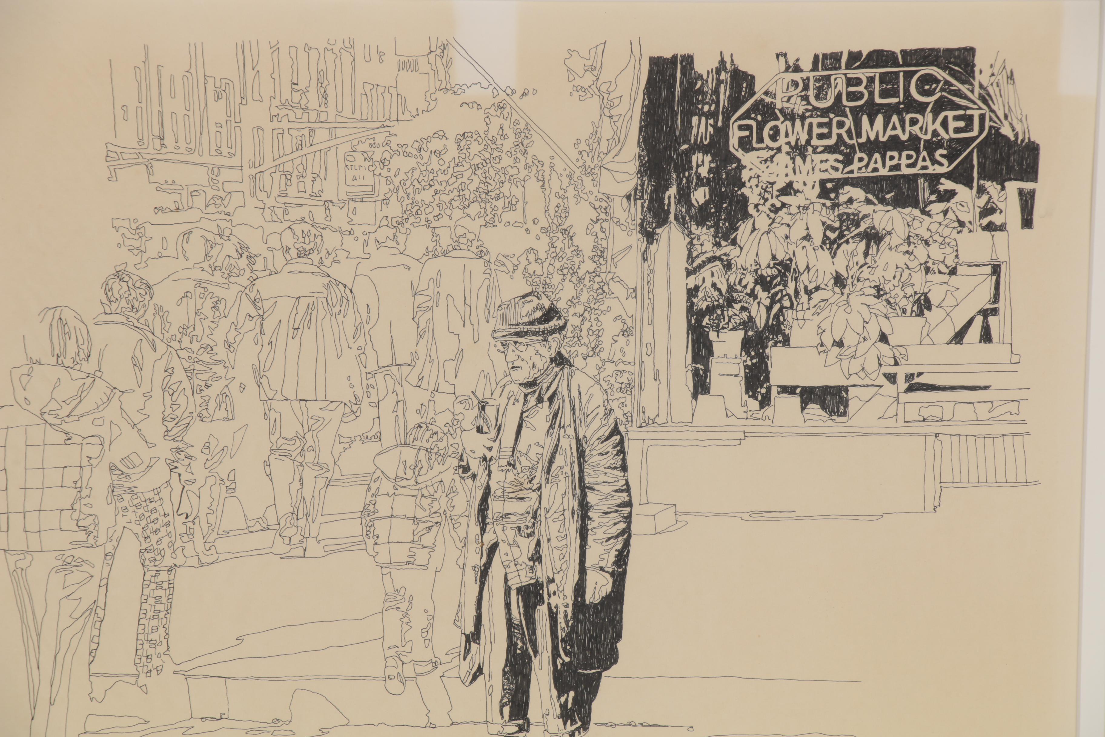 Richard Gerstner Figural Ink Illustration of a Market, 1982