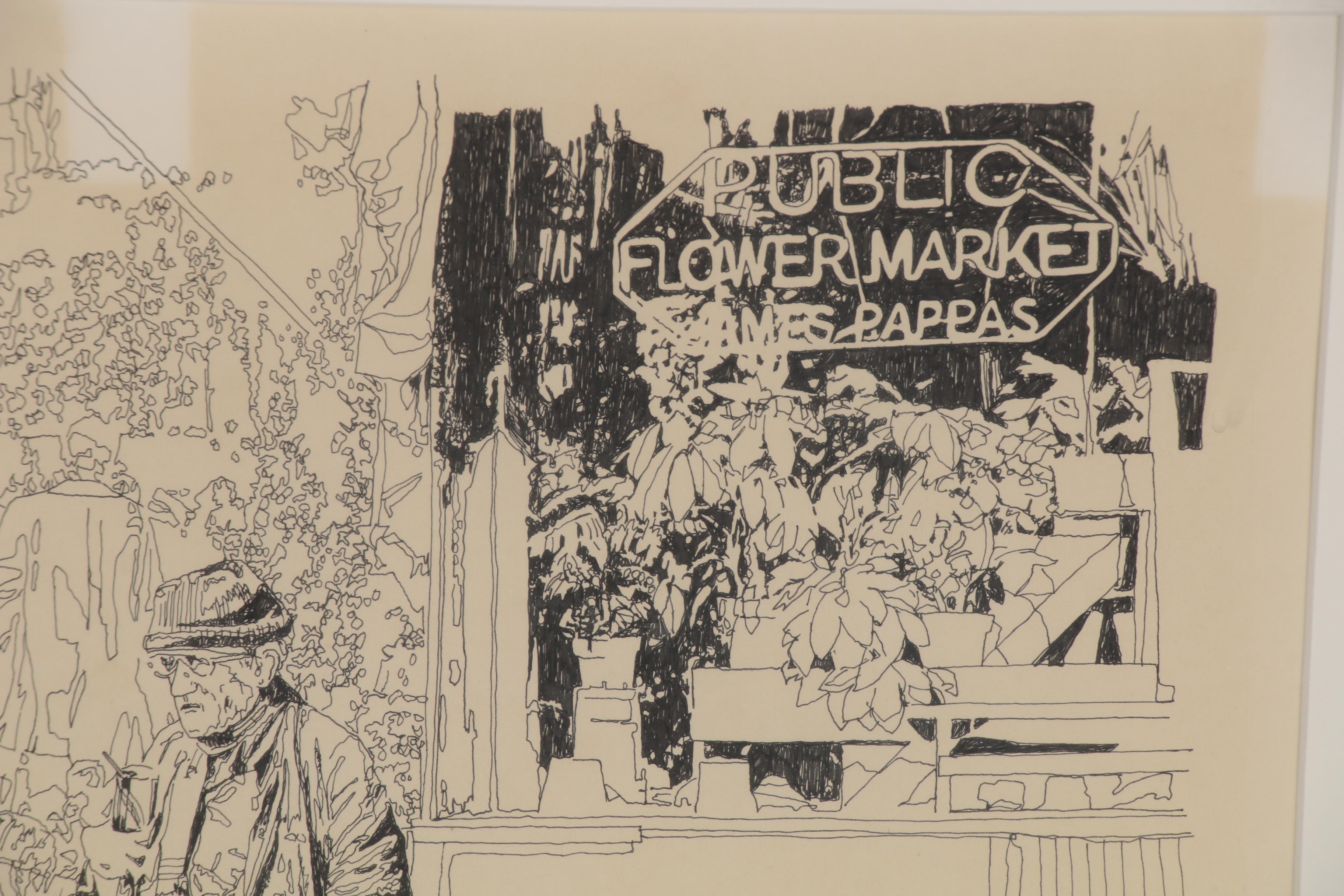 Richard Gerstner Figural Ink Illustration of a Market, 1982