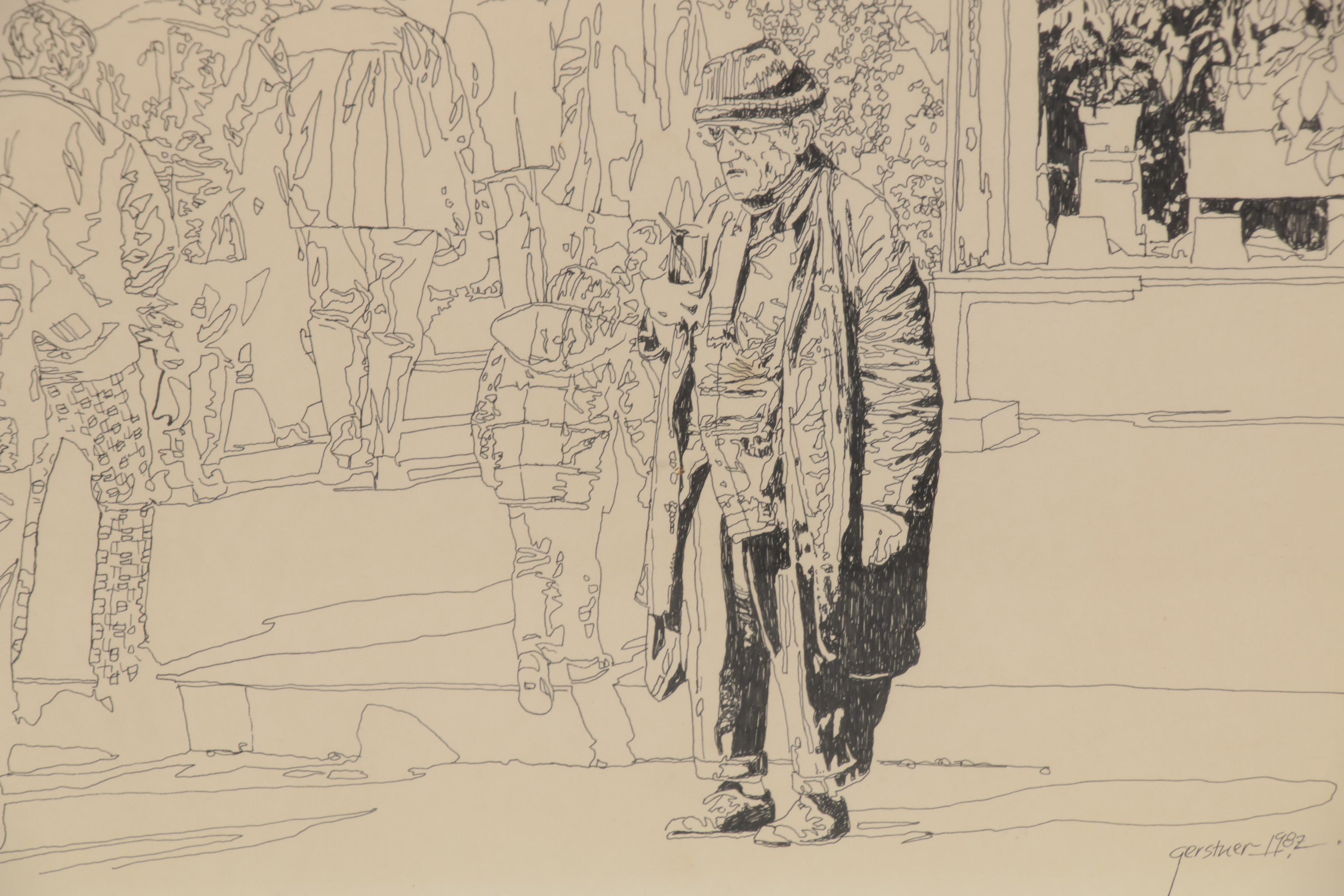Richard Gerstner Figural Ink Illustration of a Market, 1982