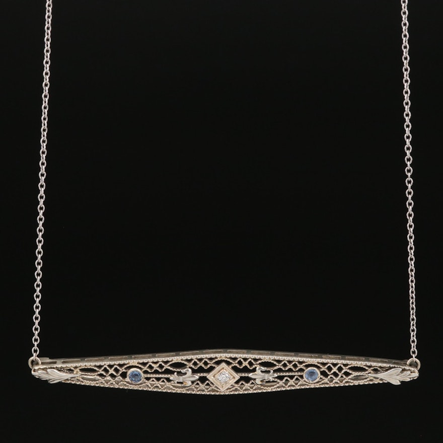 Vintage 14K Diamond and Sapphire Openwork Necklace