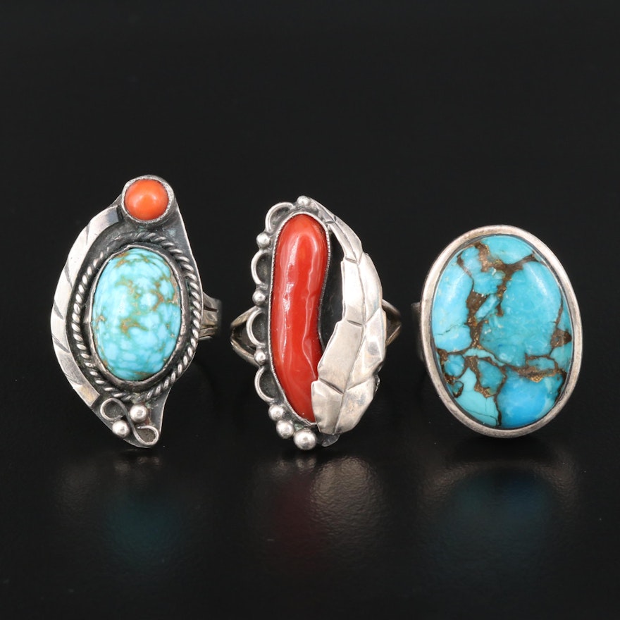 Western Style Sterling Silver Ring Selection Featuring Turquoise and Coral