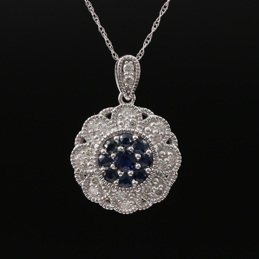 14K Sapphire and Diamond Floral Pendant Necklace