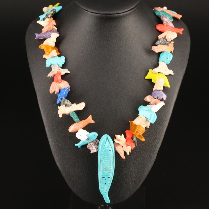 Western Style Carved Jasper and Turquoise Fetish Necklace