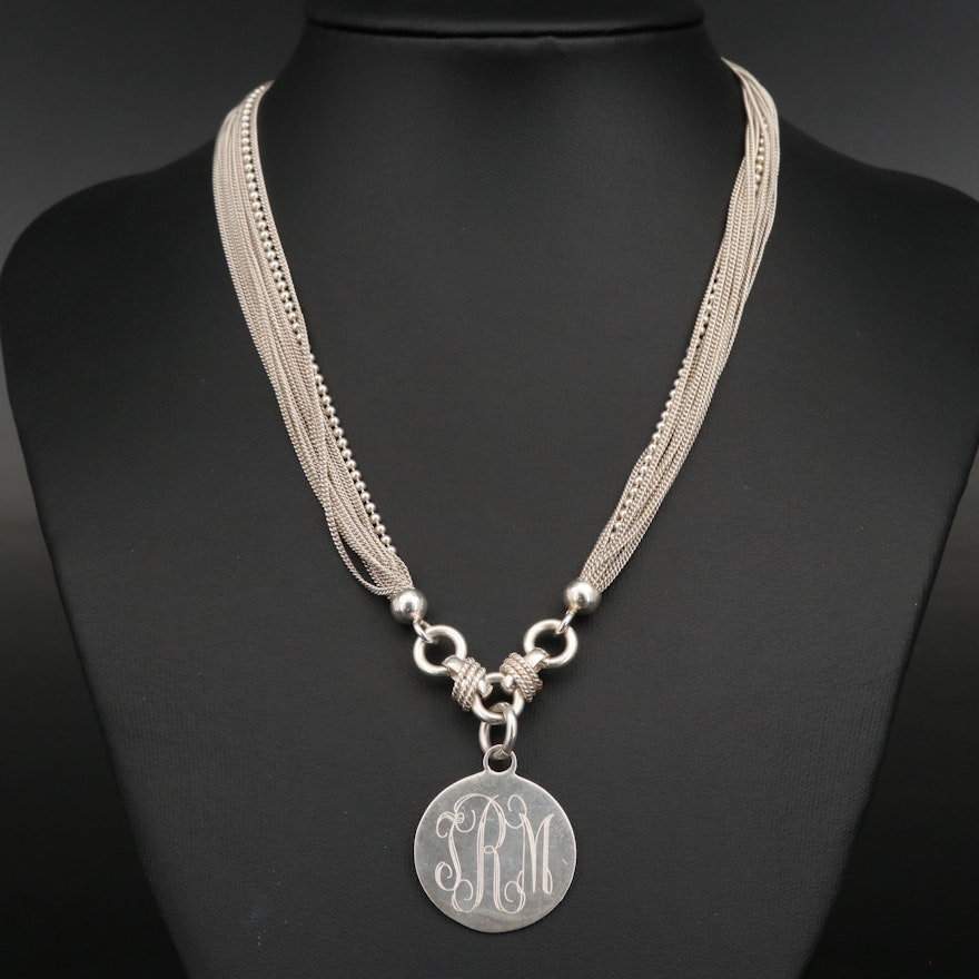 Sterling Silver Multi-Strand Monogrammed Disc Pendant Necklace