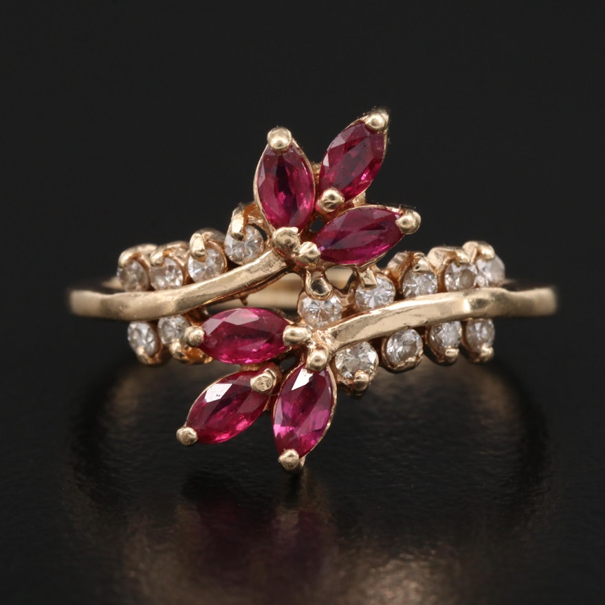 14K Ruby and Diamond Foliate Bypass Ring