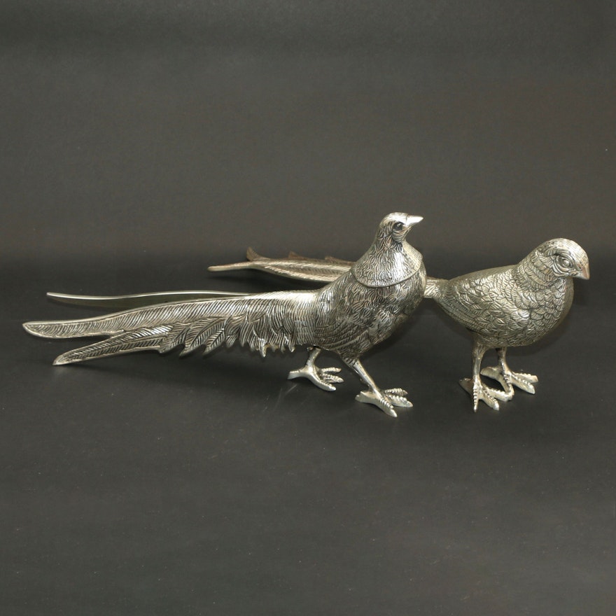 Cast and Silver-Plated Table Pheasants, Mid to Late 20th Century