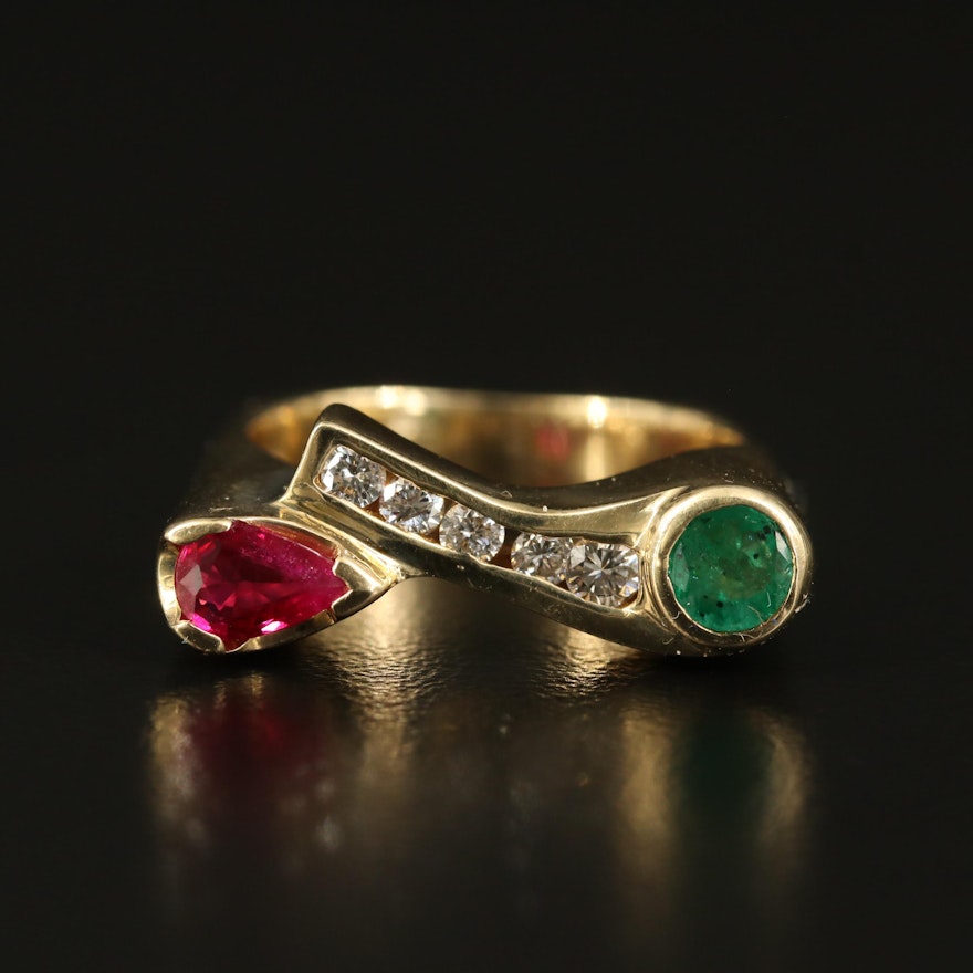 14K Connected Emerald and Ruby Bar Ring with Diamond Channel