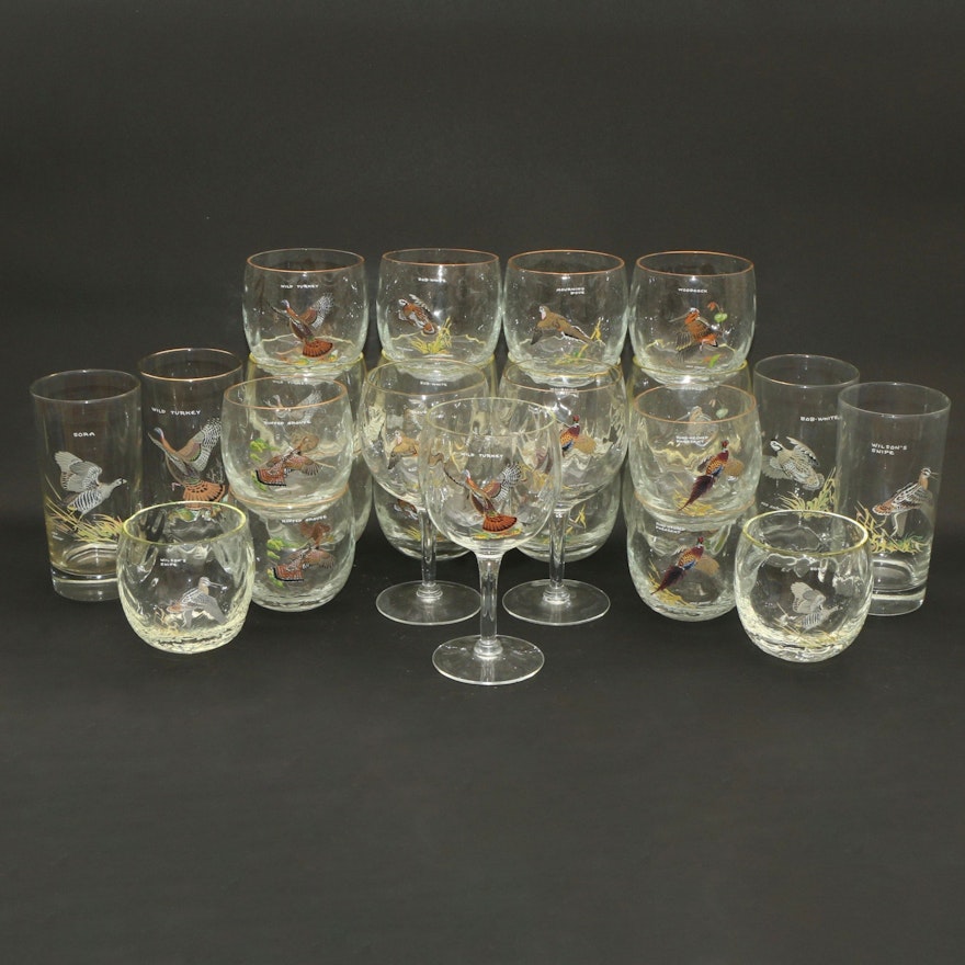 Ned Smith "Game Birds" Roly Poly, Highballs and Wine Glasses from Orvis
