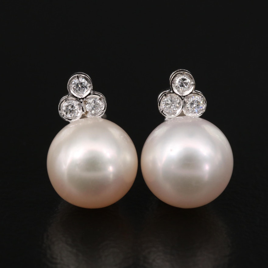 14K Pearl and Diamond Stud Earrings