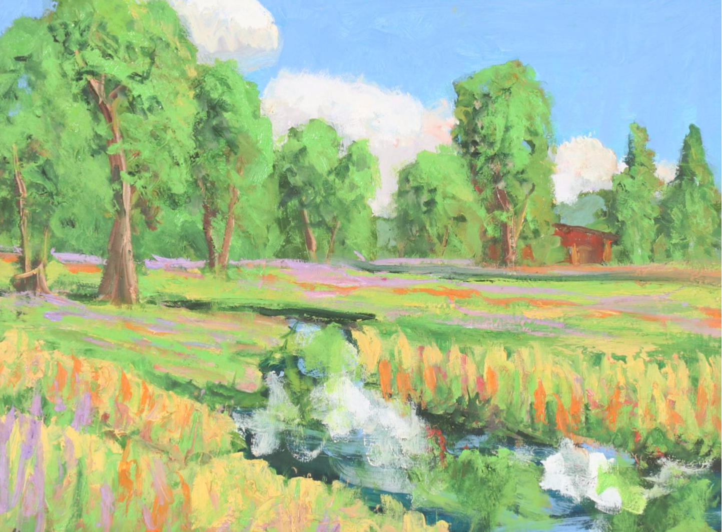 Kenneth R. Burnside Oil Painting of Rural Stream with Wildflowers, 21st Century