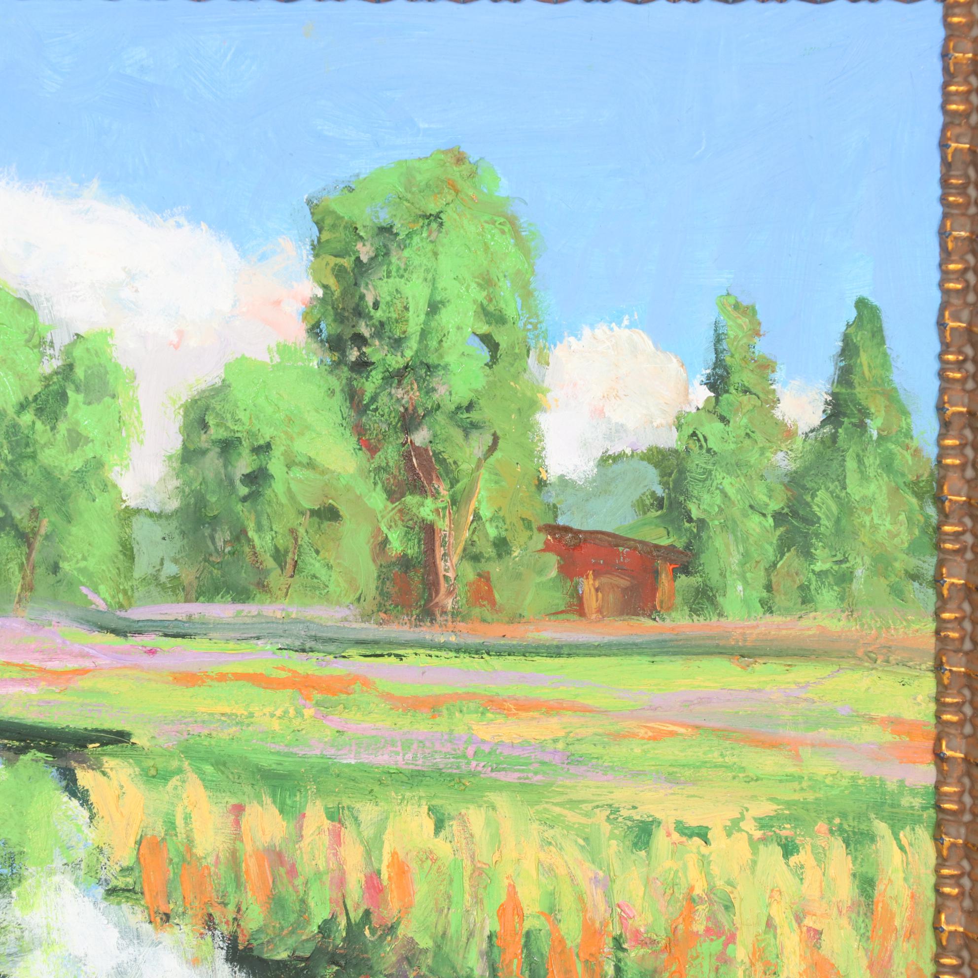 Kenneth R. Burnside Oil Painting of Rural Stream with Wildflowers, 21st Century