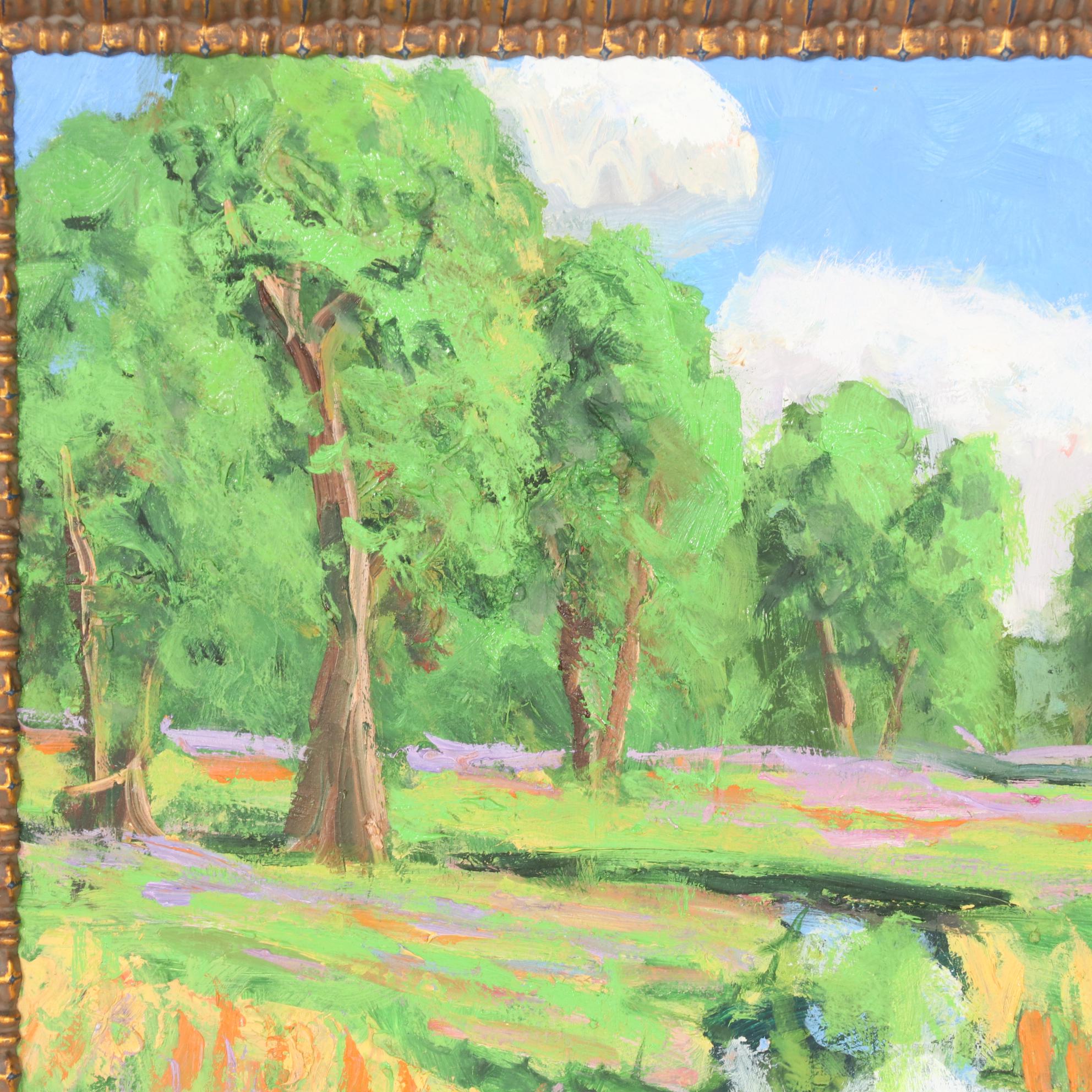 Kenneth R. Burnside Oil Painting of Rural Stream with Wildflowers, 21st Century