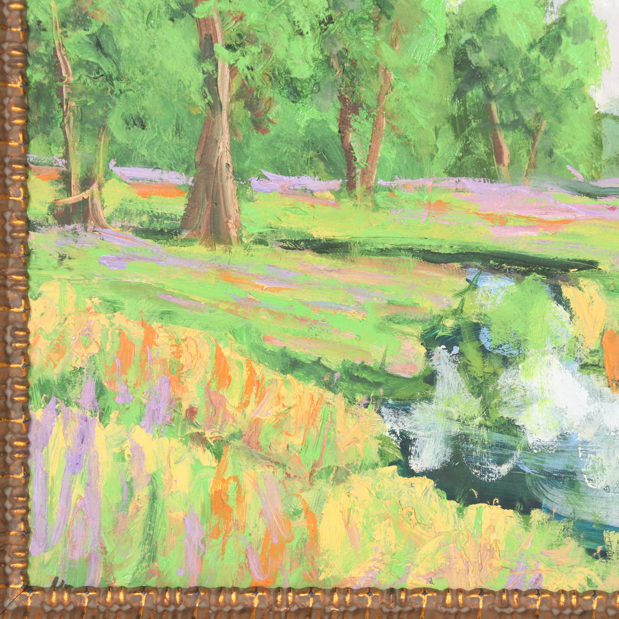 Kenneth R. Burnside Oil Painting of Rural Stream with Wildflowers, 21st Century